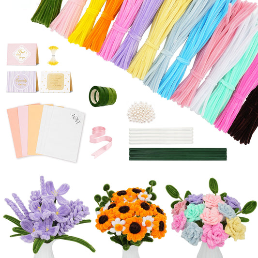900pcs Pipe Cleaners Craft, Pipe Cleaner Bulk Flower Kit, 14 Colors Pipe Cleaners Bulk with Flower Stems, Stamens, Floral Tape & Ribbon for DIY Bouquets, Art and Craft Supplies