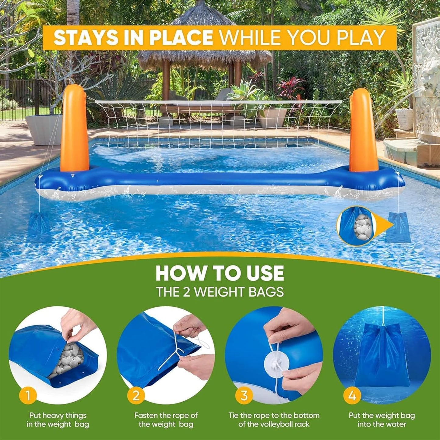 Pool Volleyball Set - 118" Pool Volleyball Net for Inground Includes Upgraded Water Volleyball, Ball Pump & 2 Weight Bags, Pool Games Toys for Adults and Family | 2025 Summer Pool Floaties Party Gift
