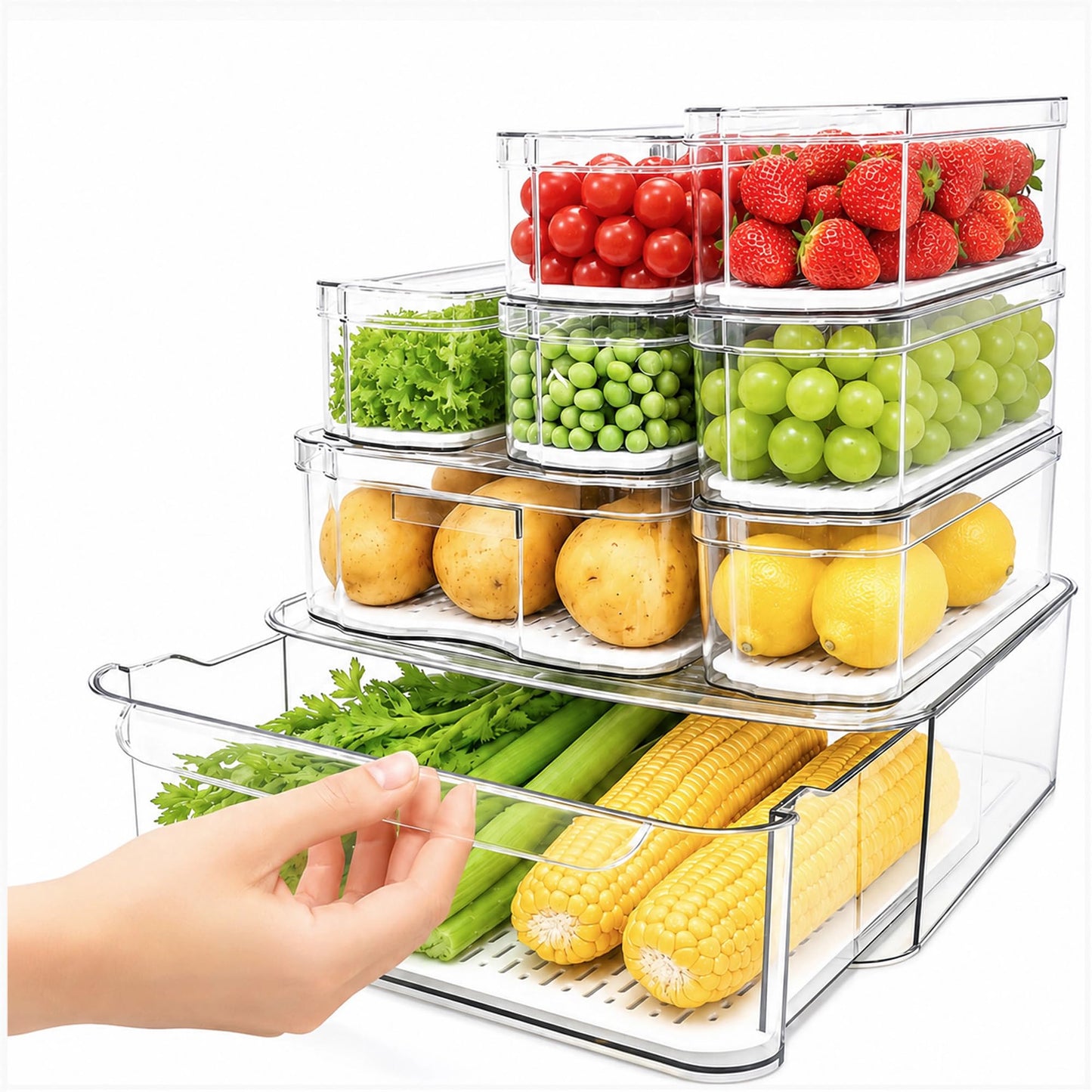 SMRCAD Fridge Organizers and Storage, 8 Pack Clear Freezer Organizer Bins with Lids for Kitchen, Pantry, Refrigerator, Food, Fruit, Vegetable Storage (8 Bins (Include Pull-out Drawer))