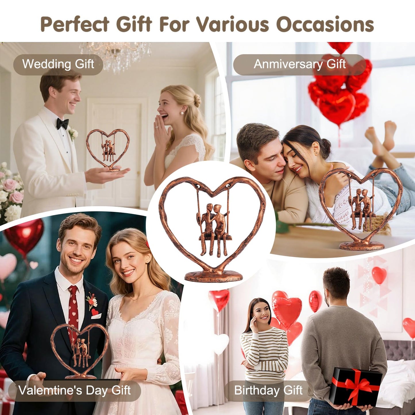 Sipujade Copper/7th/Bronze Anniversary Wedding Gifts for Wife/Her/Him/Couple,Valentine's Day/Birthday/Wedding Gifts,Heart Sculpture/Figurine,Handcrafted Antique Bronze Metal Couple Statue Decor
