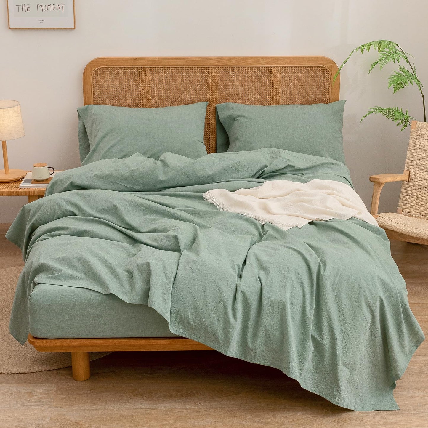 BESTOUCH Sheet Set 100% Washed Cotton Linen Feel Super Soft Comfortable Chic Lightweight 4 Pcs Home Bedding Set Solid Green King