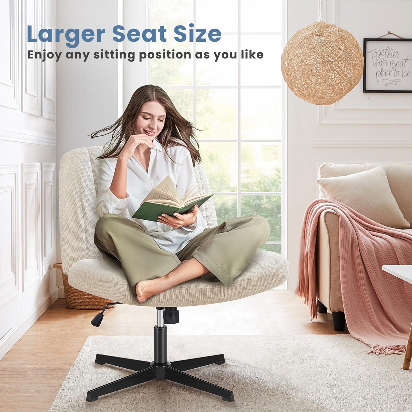 DUMOS Criss Cross Chair No Wheel Legged Office Wide Comfy Desk Vanity Chair, Armless Computer Task Seating PU Leather, Swivel Home Height Adjustable for Bedroom, Study, Beige No Wheel