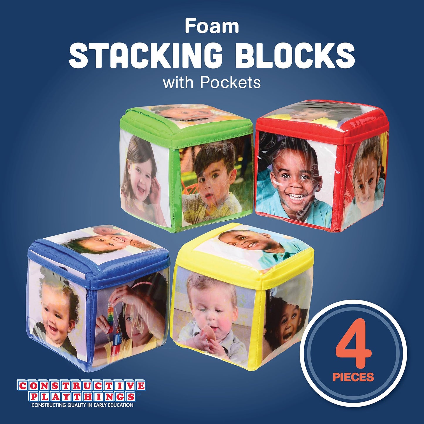 CP Toys Photo Pocket Foam Stacking Blocks - Set of 4 Colorful Blocks with 24 Vinyl Photo Pockets to Personalize - Ages 12 Months+