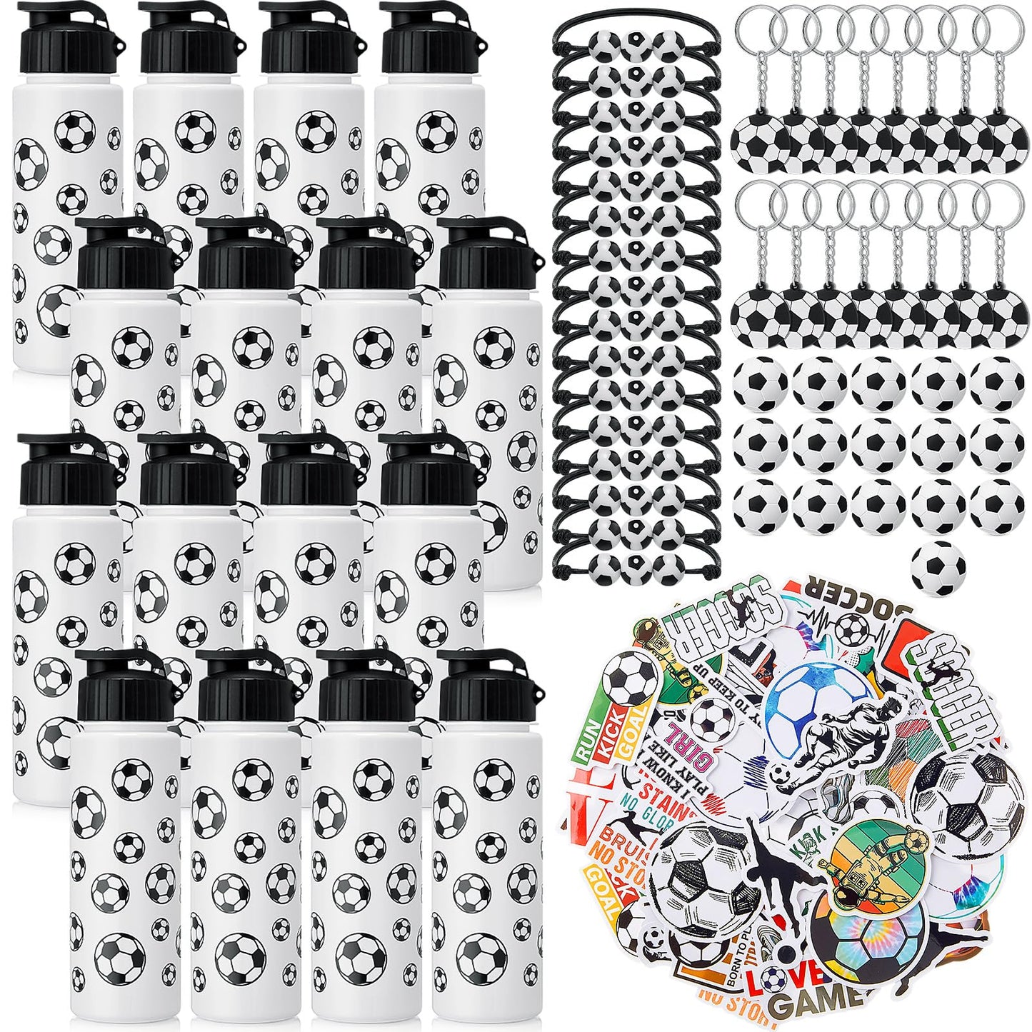 LemonRoad 164 Pcs Sports Party Favors Set 16 Plastic Cups 16 Charm Bracelets 16 Keychains 16 Mini Foam Stress Balls 100 Stickers for Sports Party Supplies(Soccer)