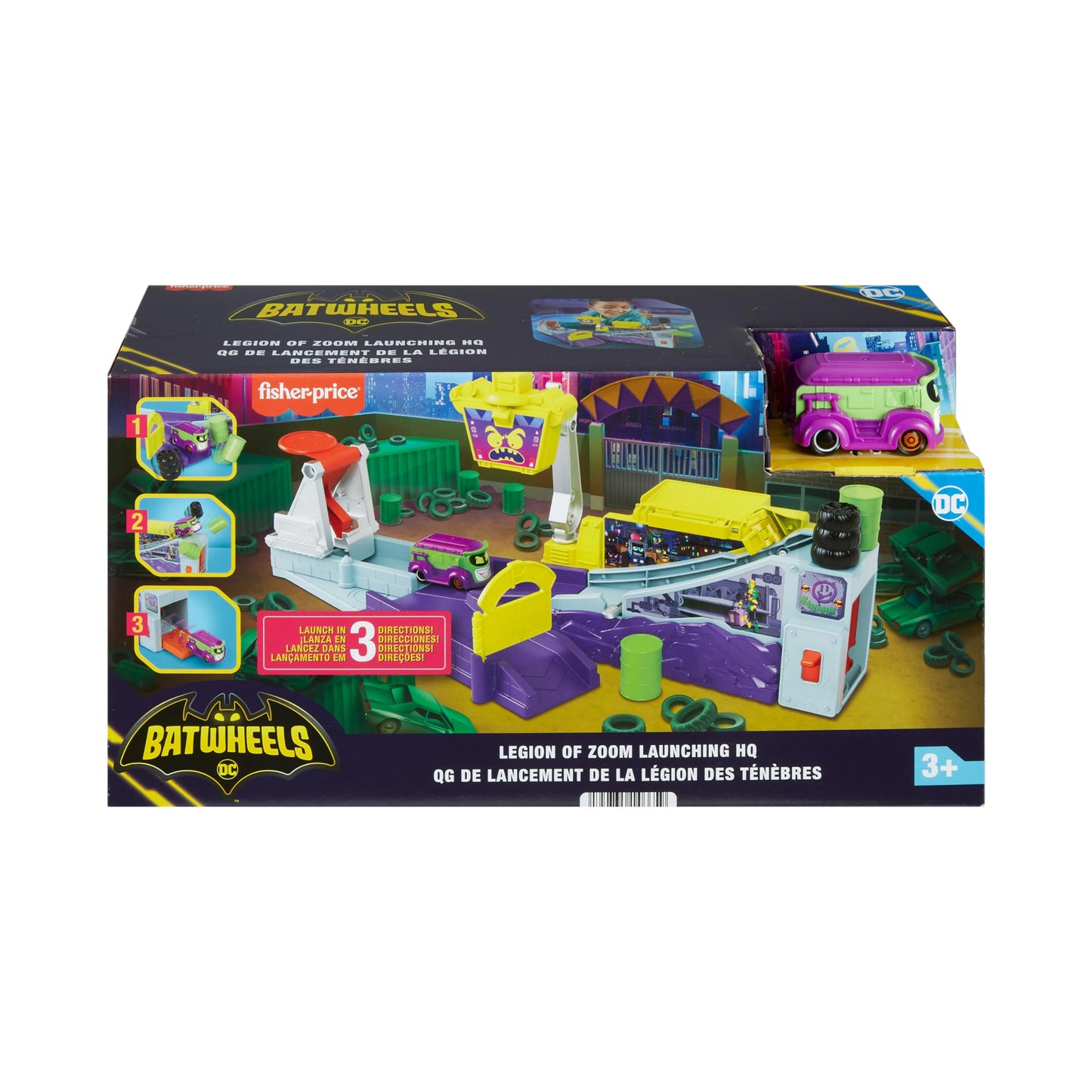 Fisher-Price DC Batwheels Toy Car Playset, Legion of Zoom Launching HQ with Ramp & Launcher plus Prank The Joker Van, Ages 3+ Years