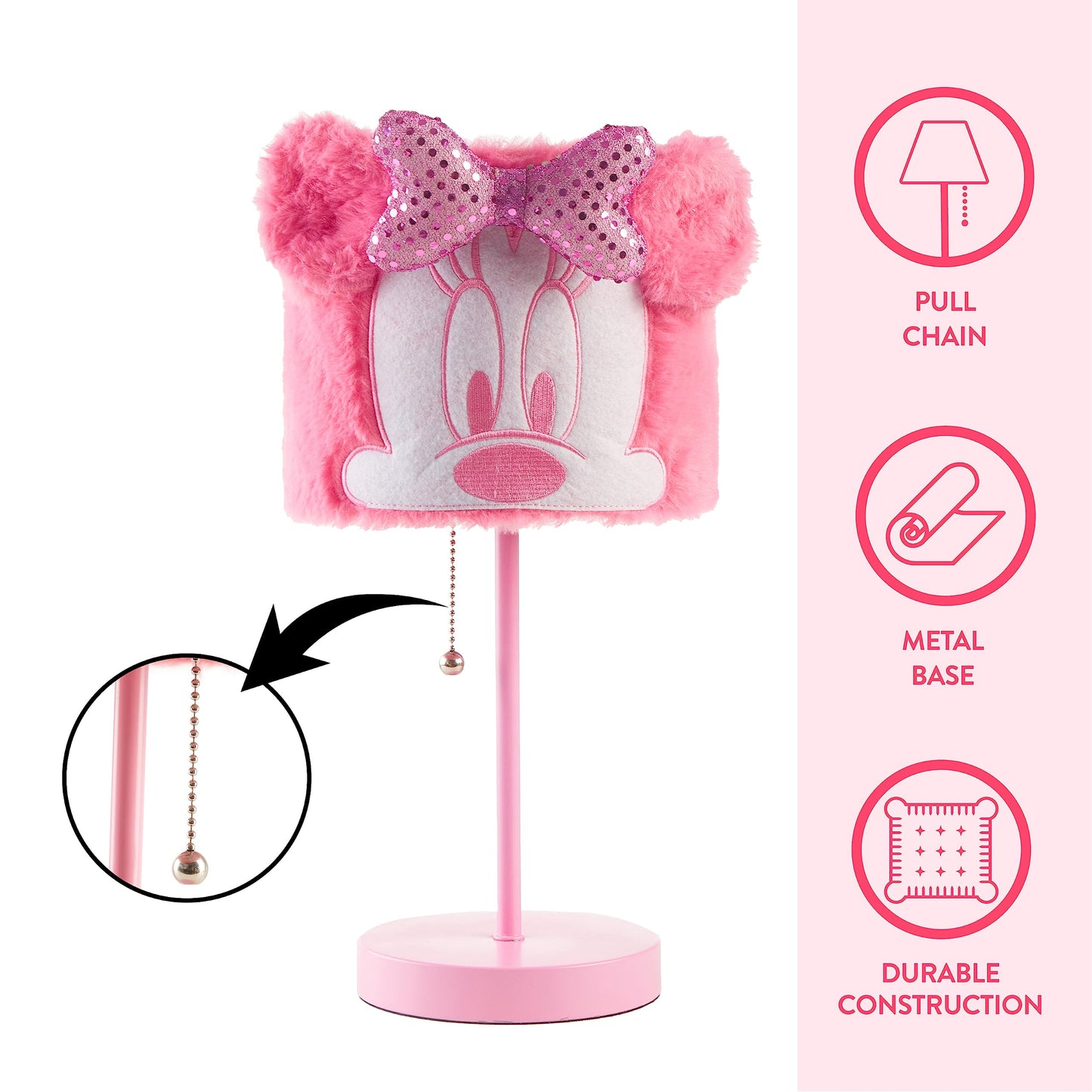 Idea Nuova Disney Minnie Mouse Table Lamp,Plush Pink Base with Decorative Shade, Kids Bedroom or Nursery Lighting, Cute Character Lamp for Girls