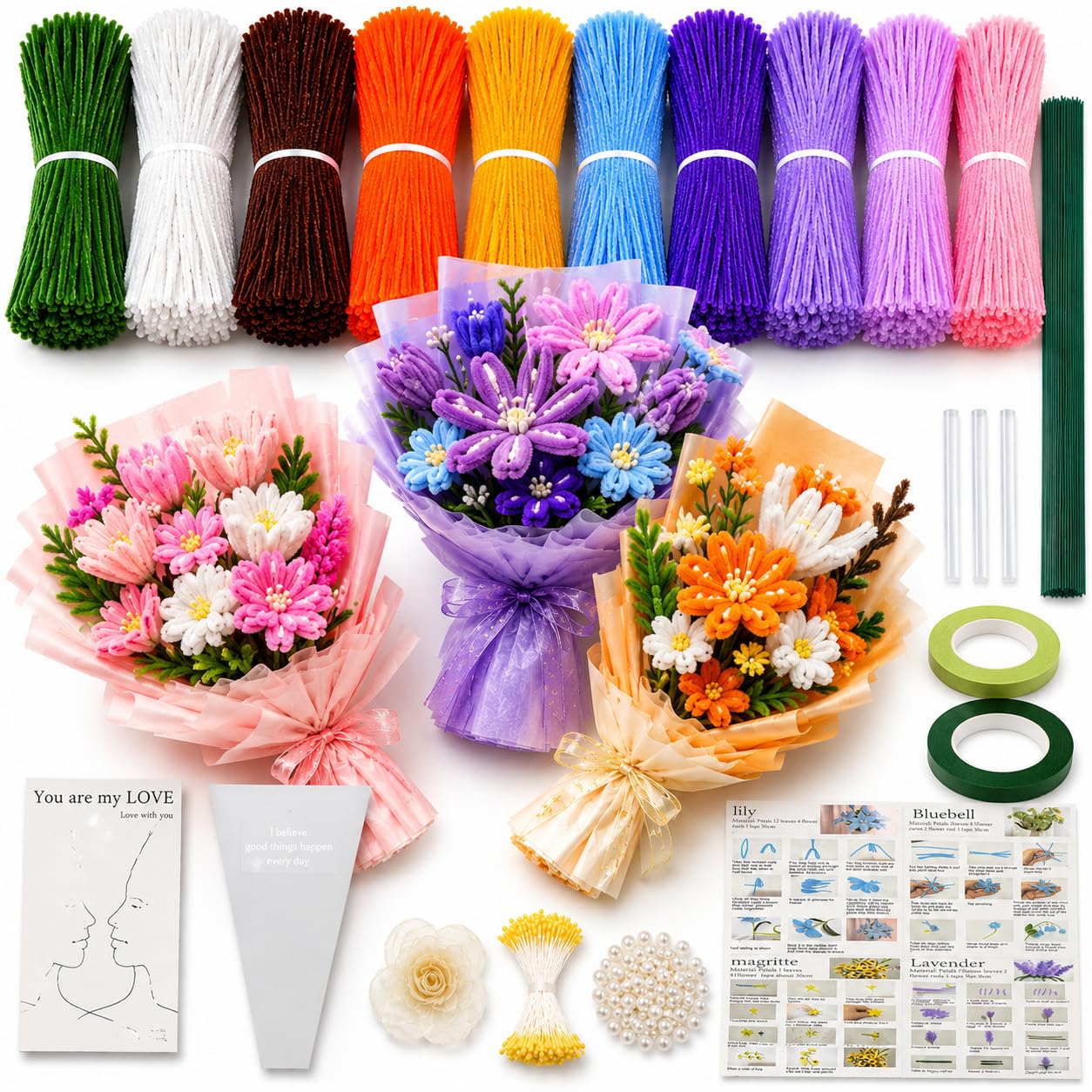 790 PCS Pipe Cleaner Flower Kit, Flower Pipe Cleaner Bulk Set, Pipe Cleaners Pastel for Pipe Flowers, DIY Pipe Cleaner Bouquet Craft Supplies for Handmade Gifts
