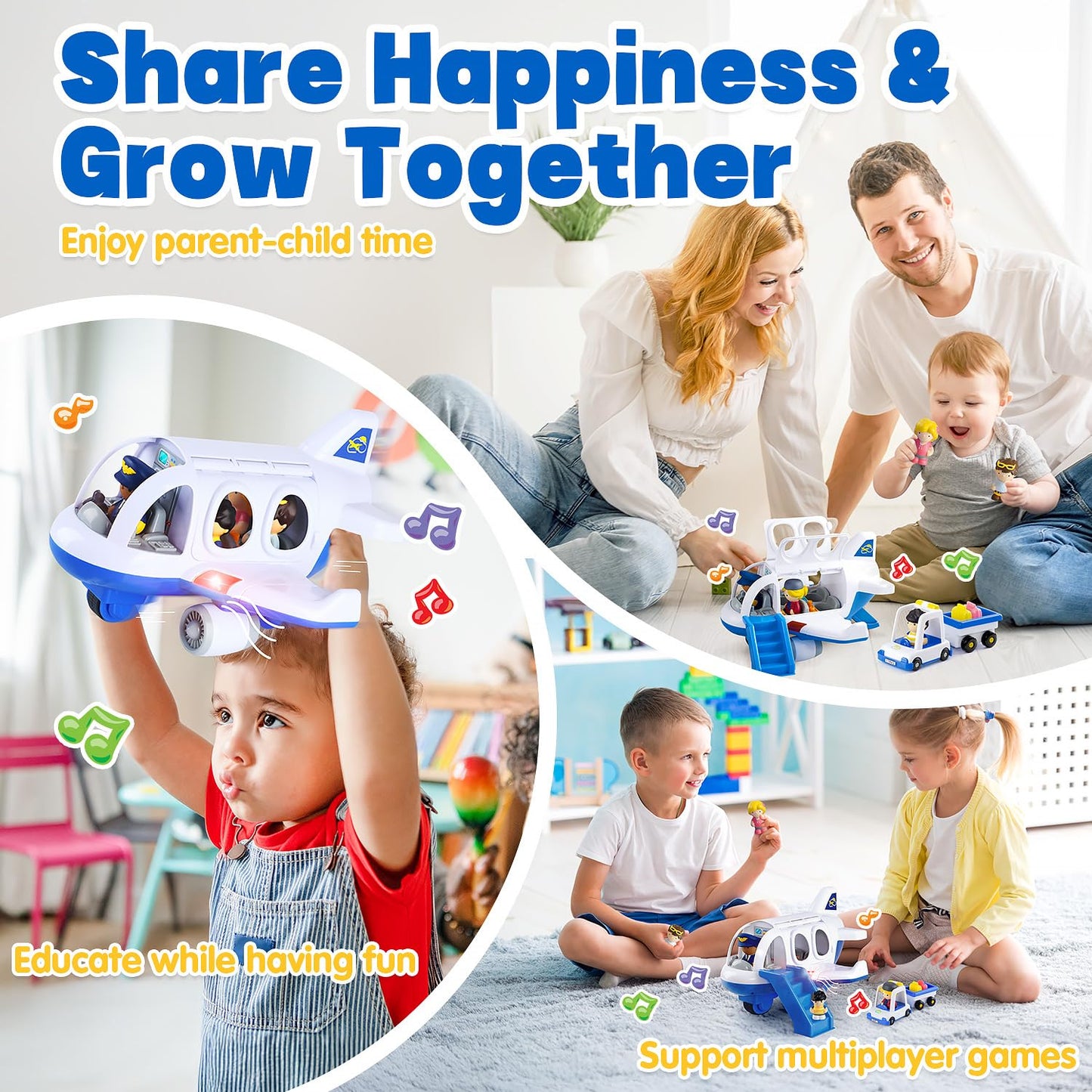 PLAY Airplane Toy for Kids - Toddler Airplane Toys Travel Plane Toys for Kids 2+ Years Old with Small Figures & Baggage Carrier, Musical Toy Airplane with Lights for Boys Girls Gifts Birthday