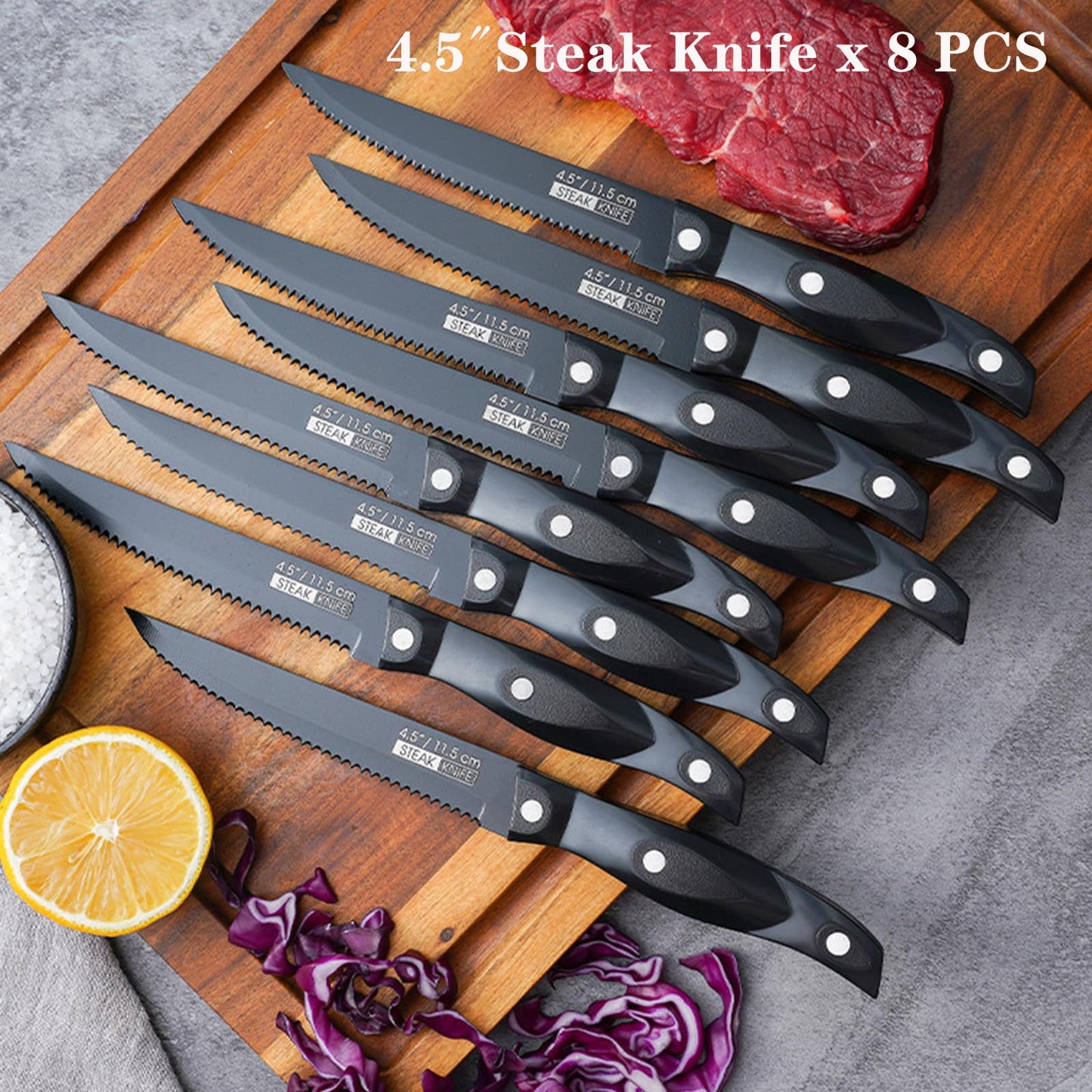 ANDONG 19-Piece Stainless Steel Kitchen Knife Set with Wooden Block & Sharpener - Chef Knives, Dishwasher Safe, Ergonomic Anti-slip Handle for Home Cooking,Black