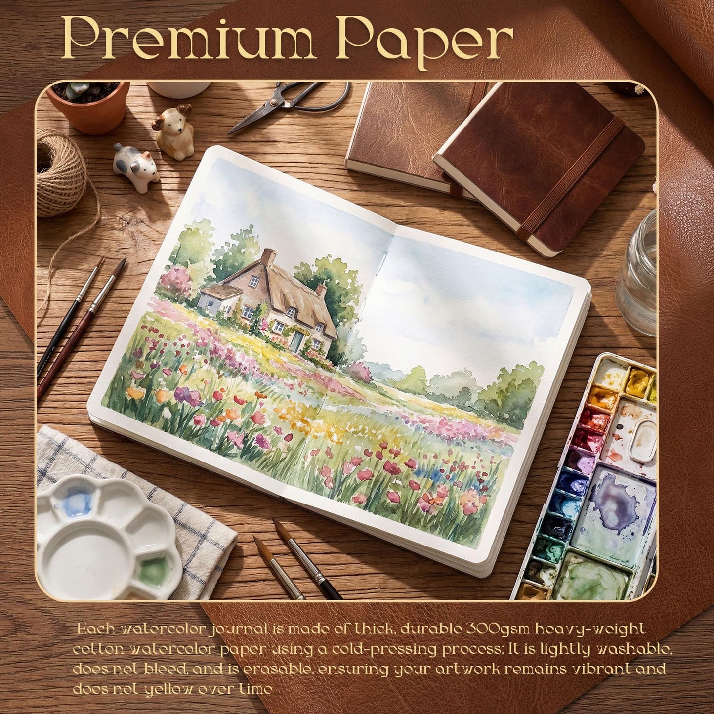 Dispowreath 3 Pcs Watercolor Journal 3.9"x3.9" and 7.5" x 5" Watercolor Sketchbook with 24 Sheets 140 LB (300 GSM) Cotton Water Coloring Paper Cold Press PU Leather Cover Travel Notebook Art Supplies