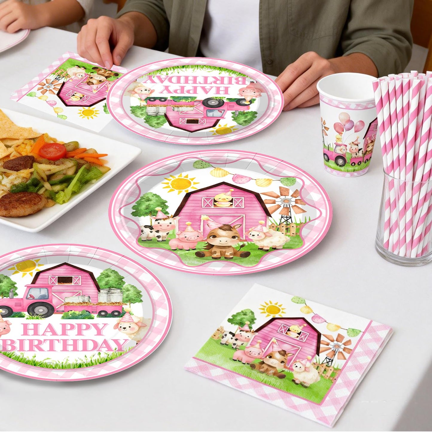 Fexivo 313pcs Farm Birthday Decorations for Girl, Worry-free One-stop Set for 25 Guests, with Thick Plates Banner Centerpieces and Cupcake Toppers, Easy Setup for Farm Themed Party