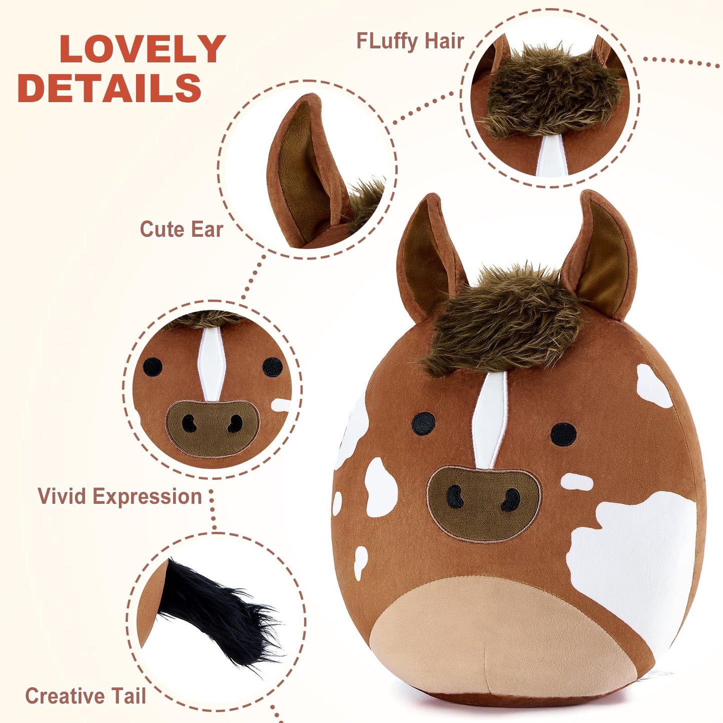 PEACH CAT Original Appaloosa Horse Stuffed Animal 12" Cute Plushies Soft Plush Toys Gifts for Kids Brown