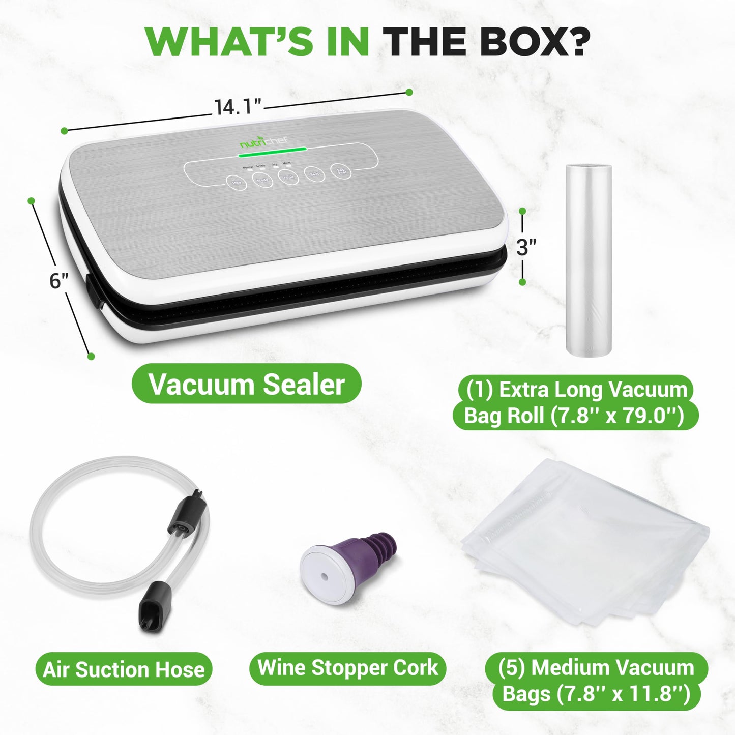 NutriChef Automatic Food Vacuum Sealer, Electric Air Sealing Preserver System for Dry and Moist Foods, LED Control, Strong Suction, Includes Bags, Wine Stopper Cork, and Air Suction Hose, 14"x6"x3"