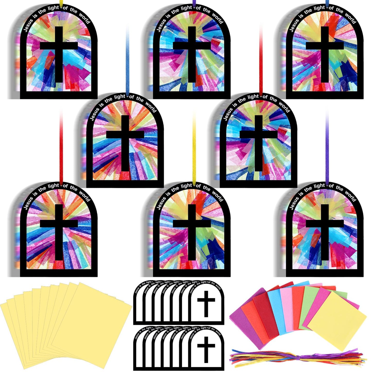 Motipuns 32 Sets Christian Tissue Paper Cross Craft Kit for Kids Jesus is The Light of The World DIY Religious Art Activity for Sunday School VBS Easter Church Decoration Bulk Pack