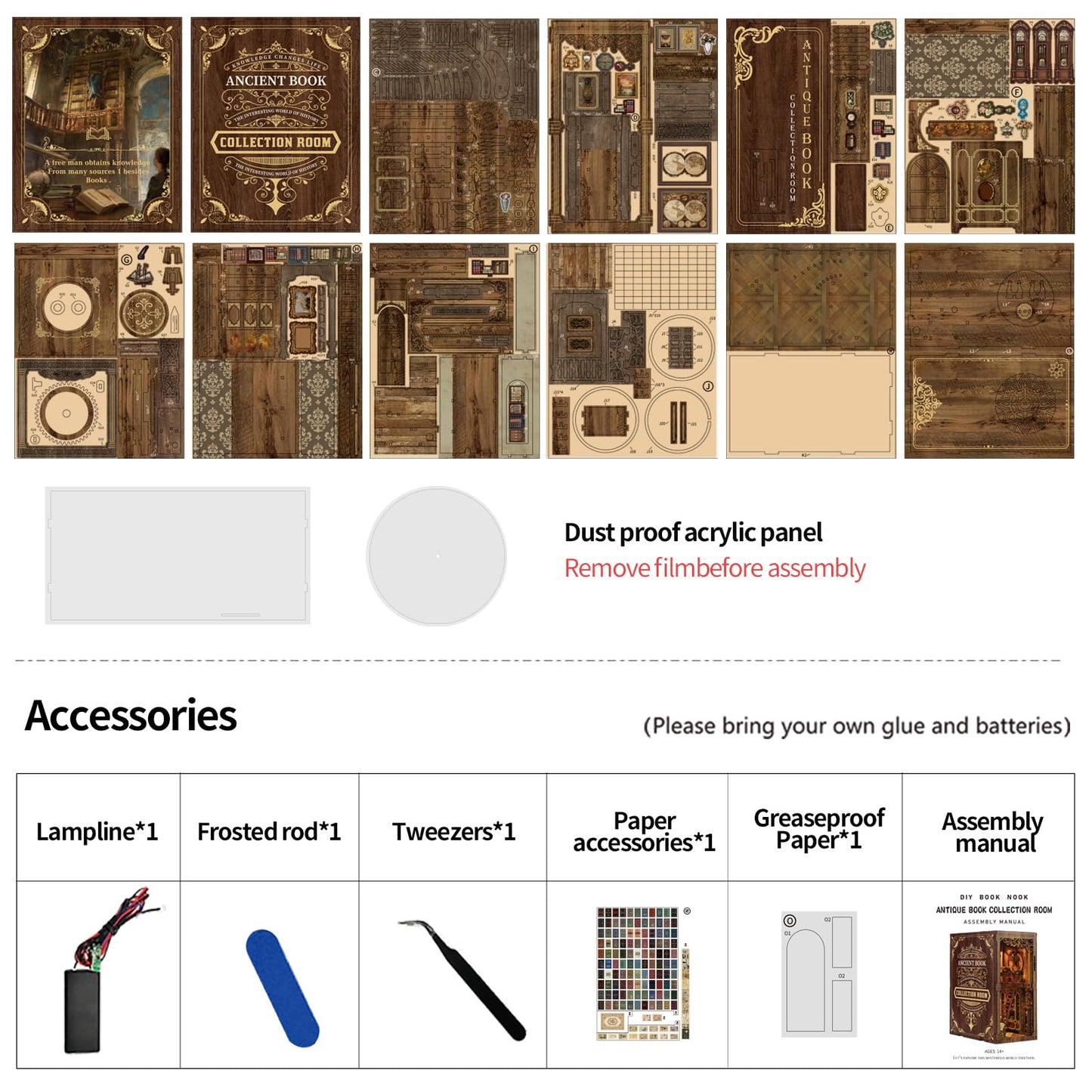 Book Nook Kit - DIY Miniature Dolls House Kit with Furniture and LED Light, 3D Puzzle Wooden Art Bookends, Model Kits for for Adults and Teens (Ancient Books)