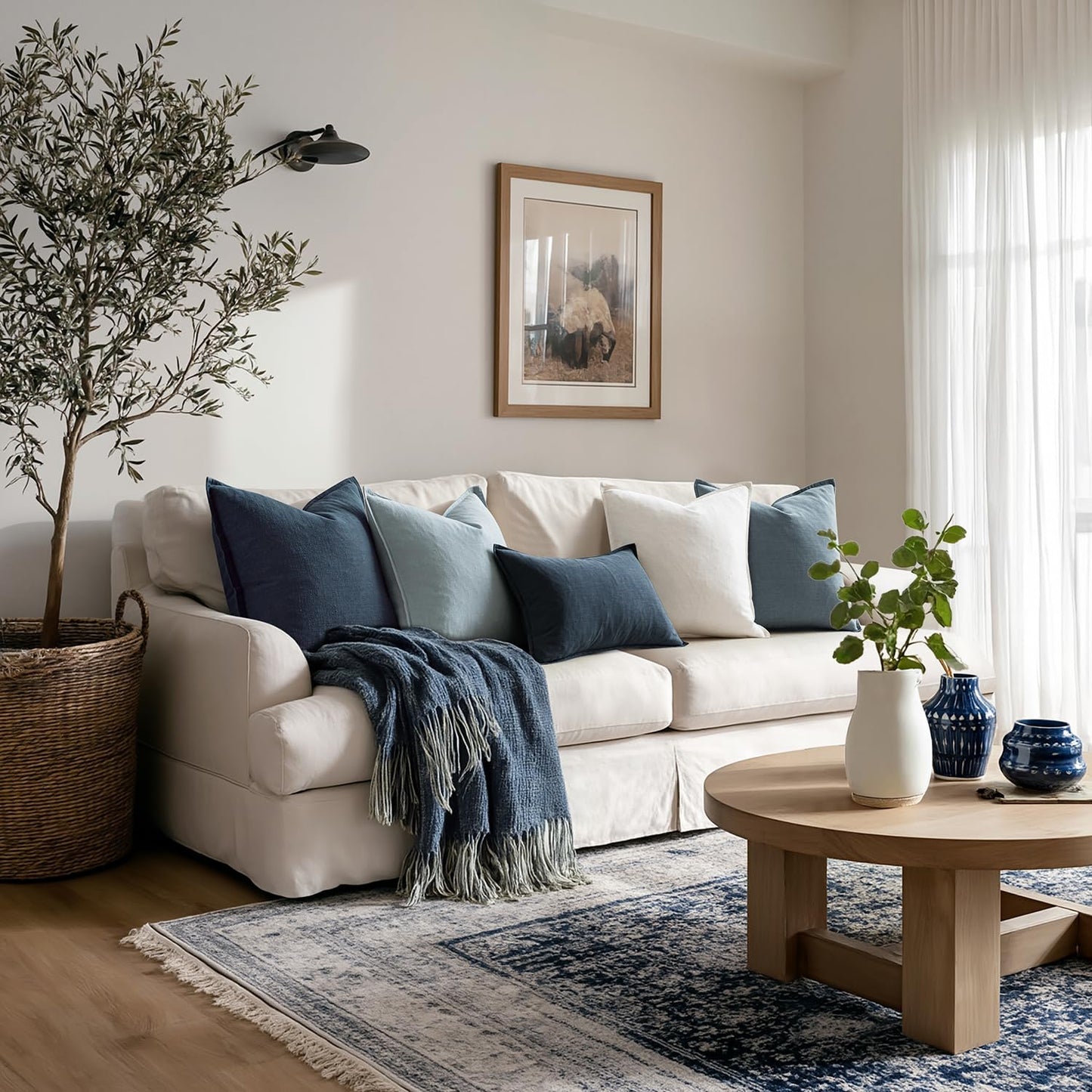 MIULEE Blue Linen Pillow Covers Pack of 4 Decorative Natural Throw Pillow Covers Soft Accent Boho Farmhouse Couch Pillowcases Modern Spring Home Coastal Decor for Living Room Bed Sofa 20x20 Inch