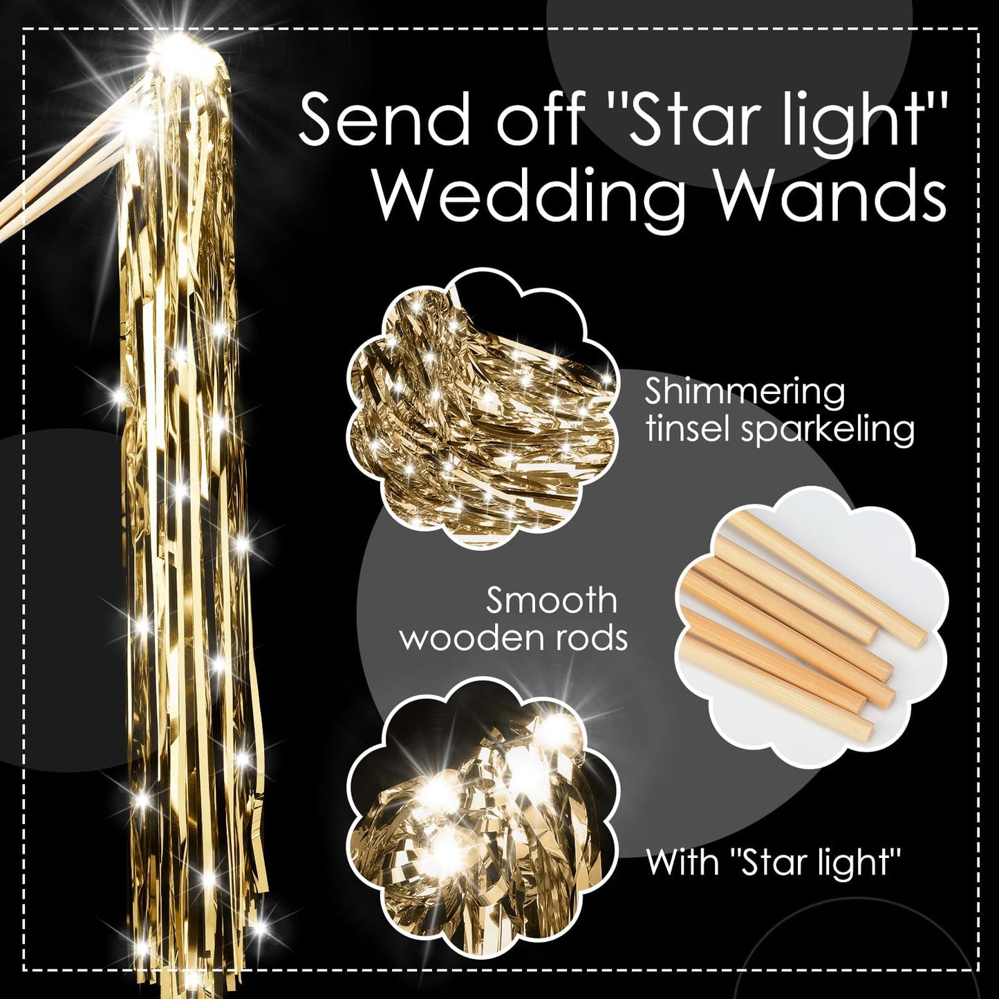 Simgoing 100 Pcs Lighted Wedding Wands LED Tinsel Wands Light up Streamers Sparklers for Wedding Send Off and Exits Birthday Party Props Favors(Champagne)