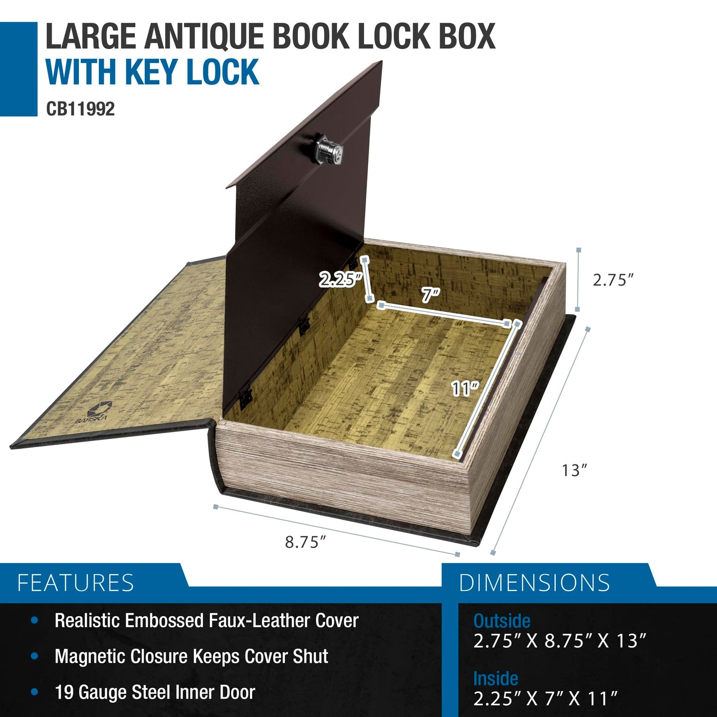 Barska Large Antique Book Lock Box with Key Lock , 8.75" x 2.75" x 13", black
