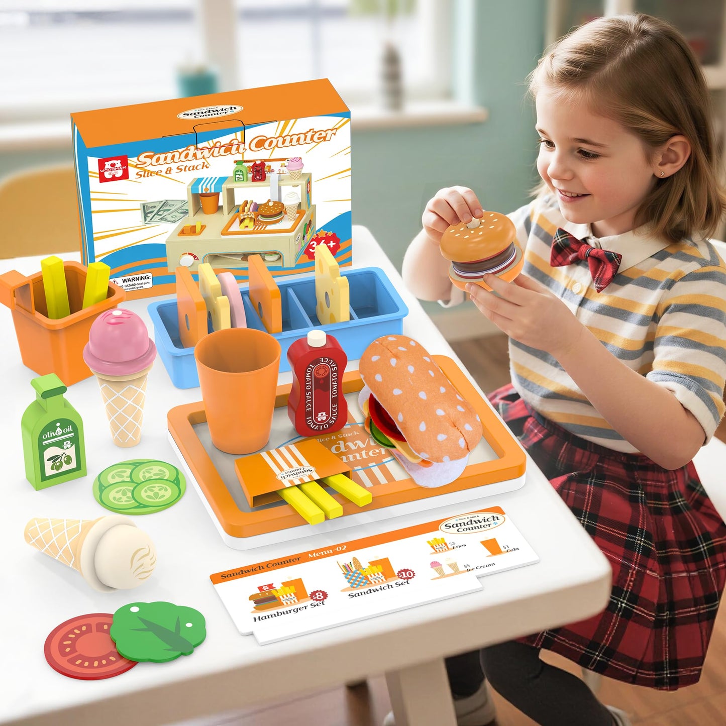 Wooden Play Food Sets Sandwich Counter, 56 Pcs Foldable Pretend Play Kitchen Food Toy with Burger, Ice Cream, Fries, Play Money & Menu, Kids Play Store Boys Girls Birthday Gift for Toddlers Ages 3+