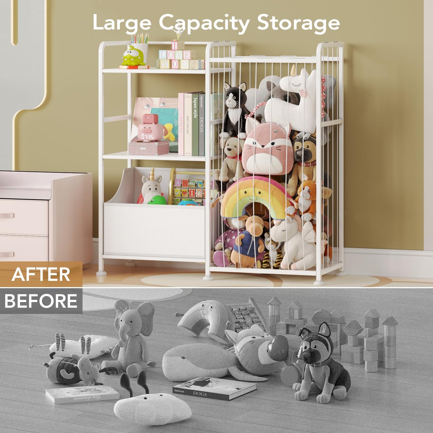 BBLIKE Kids Bookshelf and Toy Storage Organizer, Stuffed Animal Storage Holder with Fabric Toy Chest, 2-Tier Toddler Book Shelf for Kids Room, Playroom, Nursery, White