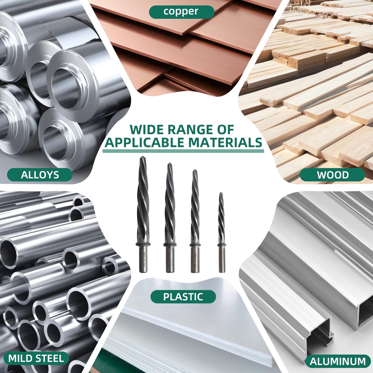 4PCS M35 HSS Taper Chucking Reamer Set 3/8",1/2",5/8",3/4" Fit 3/8" or 1/2" Shank Construction Reamer Drill Bit Bridge Also for Wood Alloy Steel Metal Align The Existing Hole and Expand The Reamer
