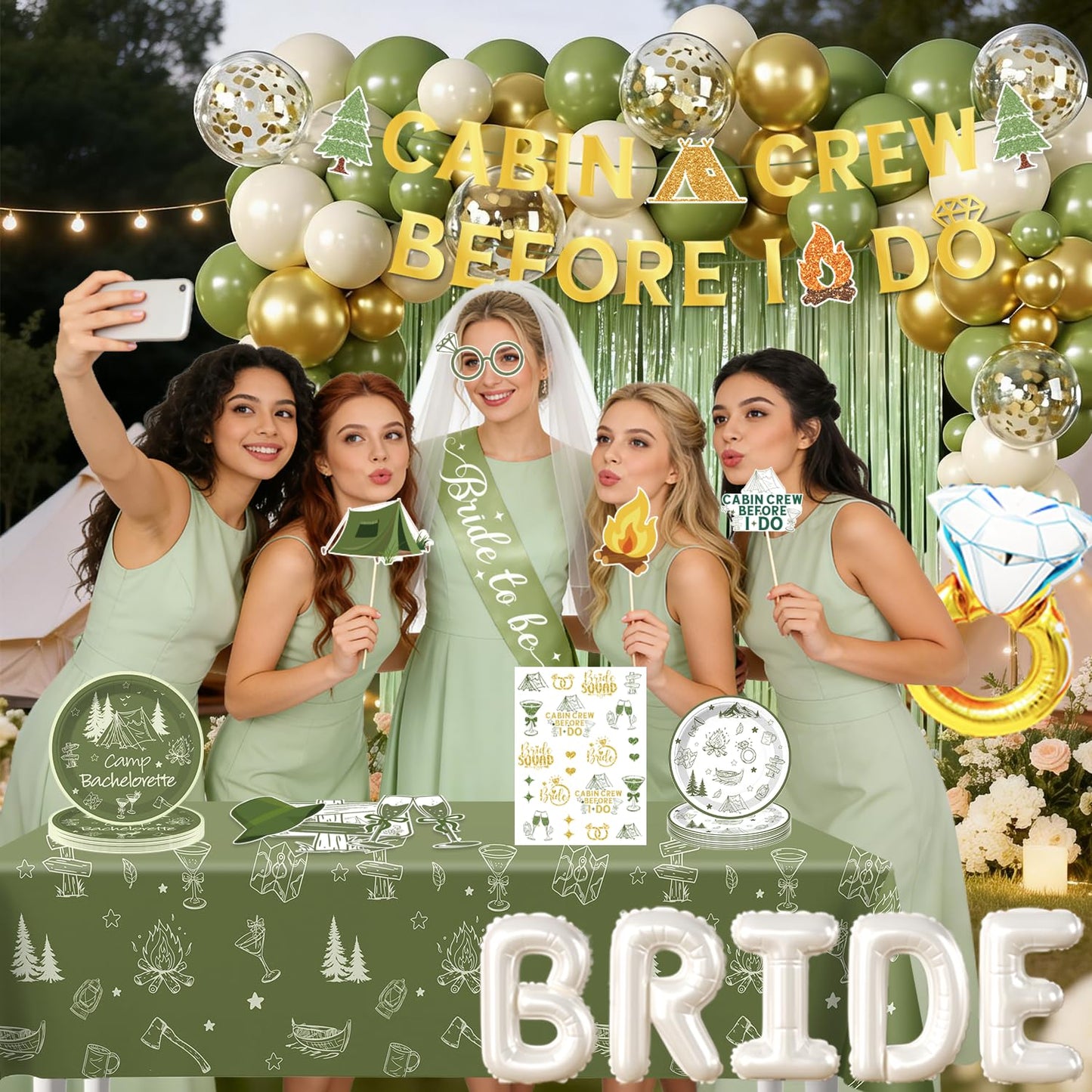 cocomigo 244 PCS Camp Bachelorette Decorations, Hassle-Free One-Stop Set for 25 Guests, With Balloon, Banner, Photo Props, Tattoos, Plates and Napkins, Easy Setup for Camp Bachelorette Party