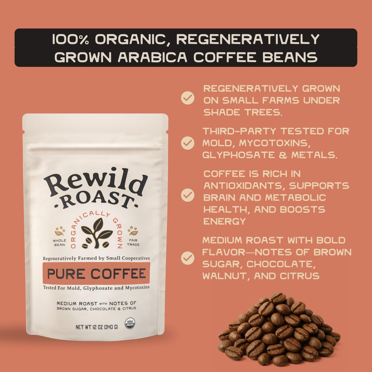 Lineage Provisions Rewild Roast Coffee - Organic Whole Coffee Beans - Arabica Medium Roast - Brown Sugar, Dark Chocolate, Toasted Walnut, Citrus - 1-Pack, 12 oz