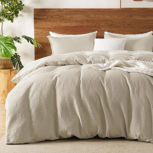 David's Home Waffle Weave Duvet Cover Set King Size,Soft Breathable 3pcs Comforter Cover Set with 2 Pillowcases,Textured Home Decor Bedding Set Cozy for All Seasons, Nature 104"×90",No Comforter
