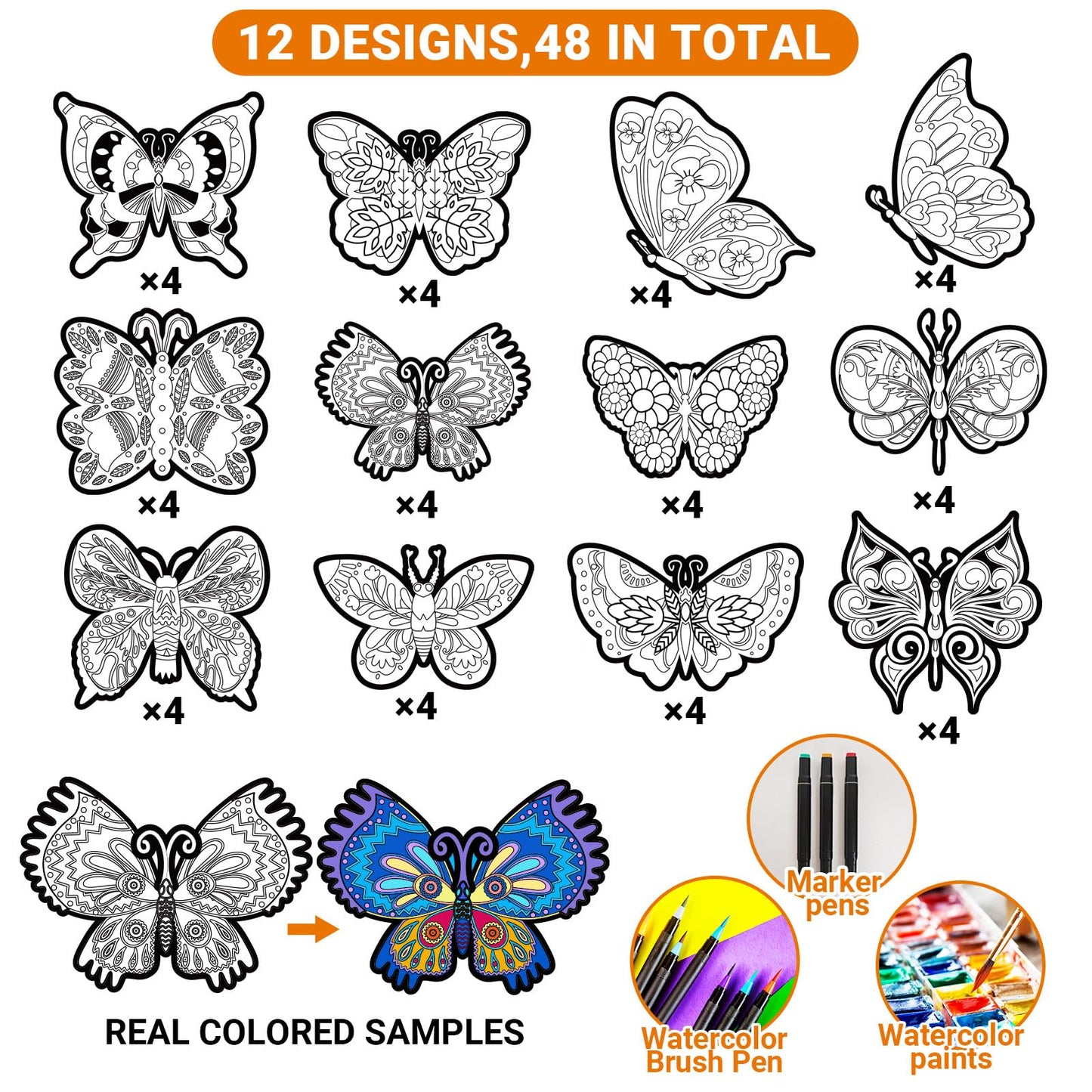 Bosctanuc 48 PCS Butterflies Velvet Coloring Cardstock - No-Mess Fuzzy Art Coloring Kit for Kids & Adults,Stress-Relief Craft Set for Classroom, Mother's Day Handmade Gifts & Spring Party Supplies