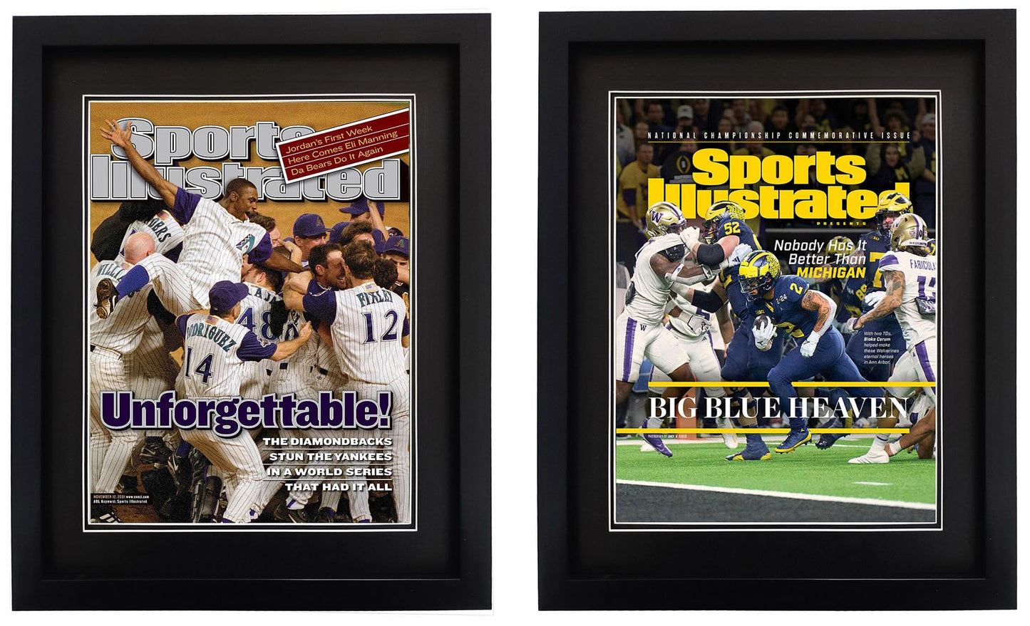 Goldfinch 4 Packs Sports Magazine Frame Displays Magazines Measuring 8.5 x 11.25 or 8.25 x 11 inches with Double Black Core Matting, Deep Frame Moulding, with Installed Hangers