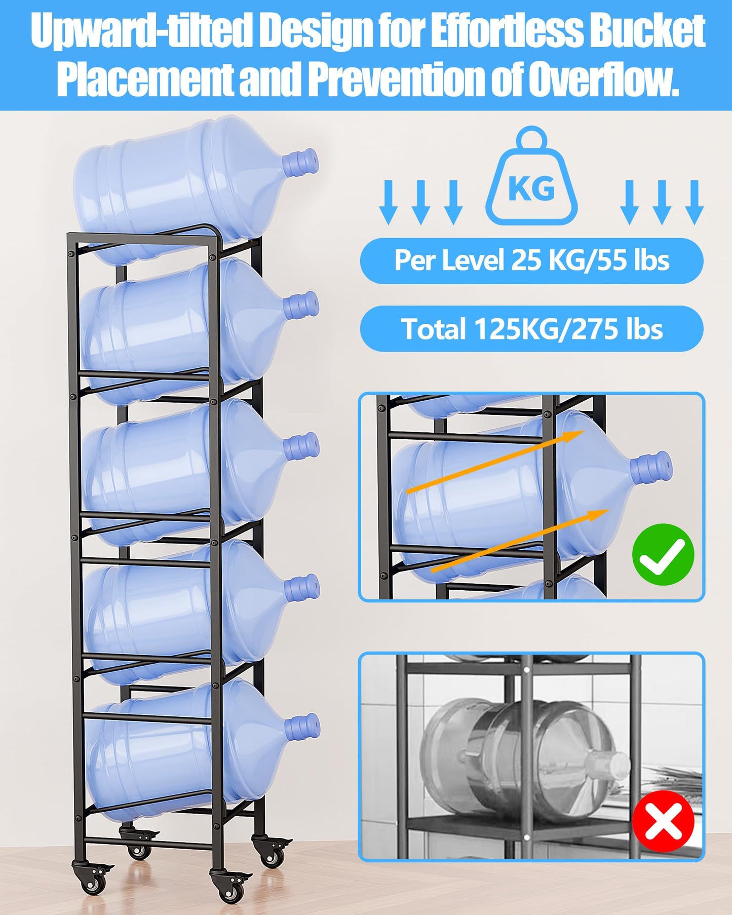 Vorshape 5 Gallon Water Jug Holder, Movable 5 Tier Heavy Duty Water Rack with 4 Wheels, Rack for Water Jug Storage, Space Saving Water Stand for Five 5 Gallon Water Jugs, Black