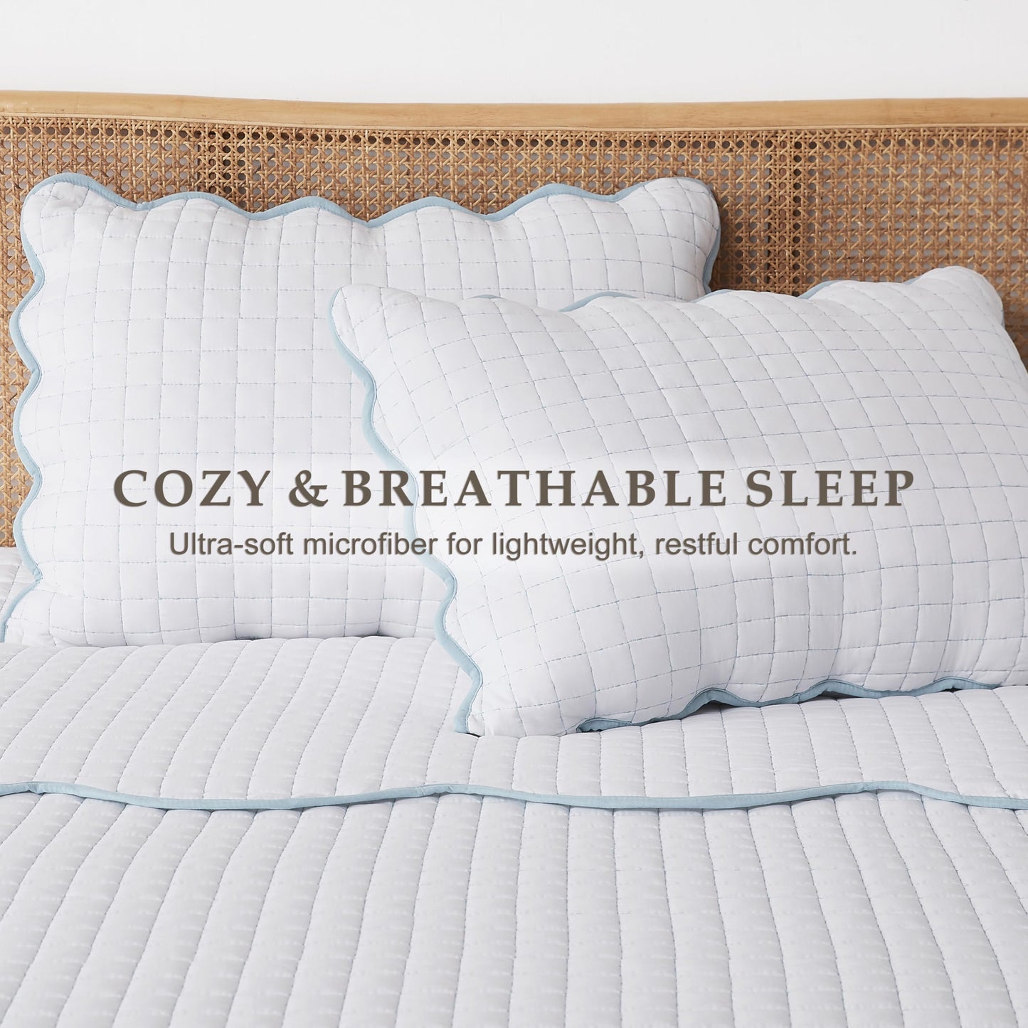 WDCOZY White King Size Quilt Bedding Set, Blue Scalloped Farmhouse Country Rustic Lightweight Soft Coverlet for All Season, Cute Cozy Kantha Pick Stitch Bedspread, 2 Pillow Shams