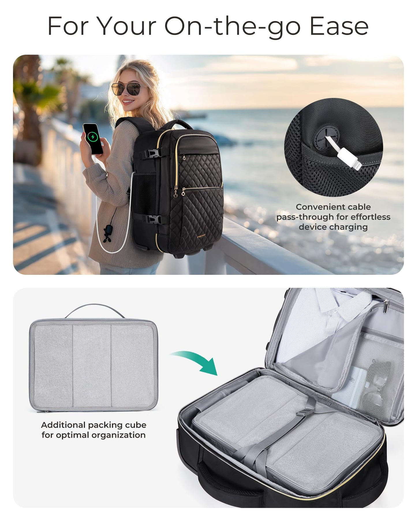 BAGSMART Rolling Backpack for Women, Wheeled Backpack with Packing Cube, Travel Backpack with Wheels, Carry On Suitcase Bag with Wheels 17 Inch Large Roller Backpack, Champagne