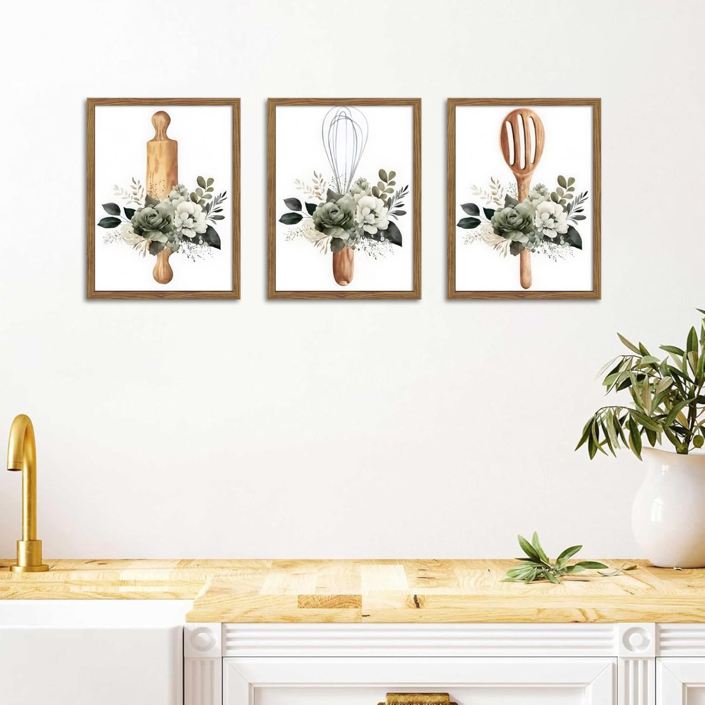 Modern Kitchen Canvas Wall Art Set of 3 – Framed Minimalist Floral Plant Wall Decor, Flowers Kitchen Utensil Posters Prints for Kitchen Dining Room Home Decor – 12x16in