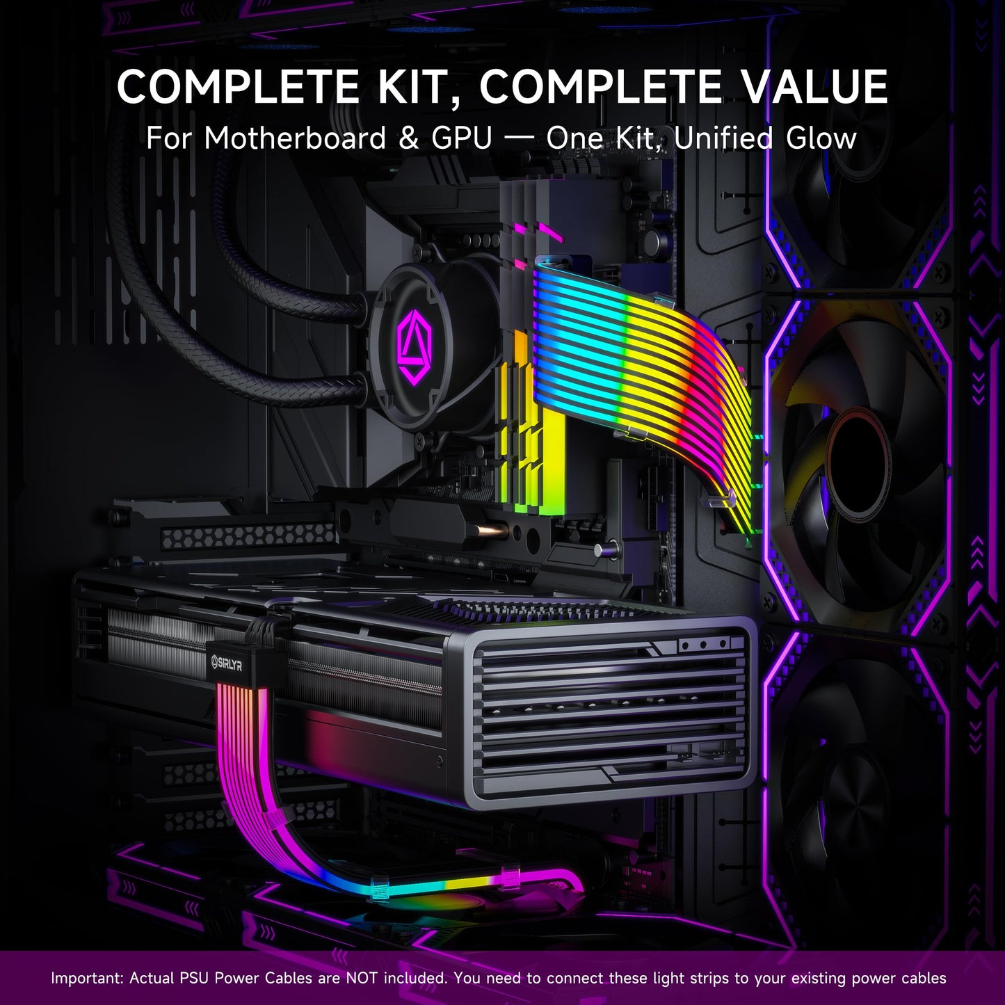 Sirlyr Black RGB LED Strips for PSU Cables - Flexible ARGB Lighting Sleeves,Manage/Cover 8 pin PCIE/12VHPWR GPU,24 Pin ATX Power Supply Cable and Extensions,Decor PC Case,5V 3Pin SYNC