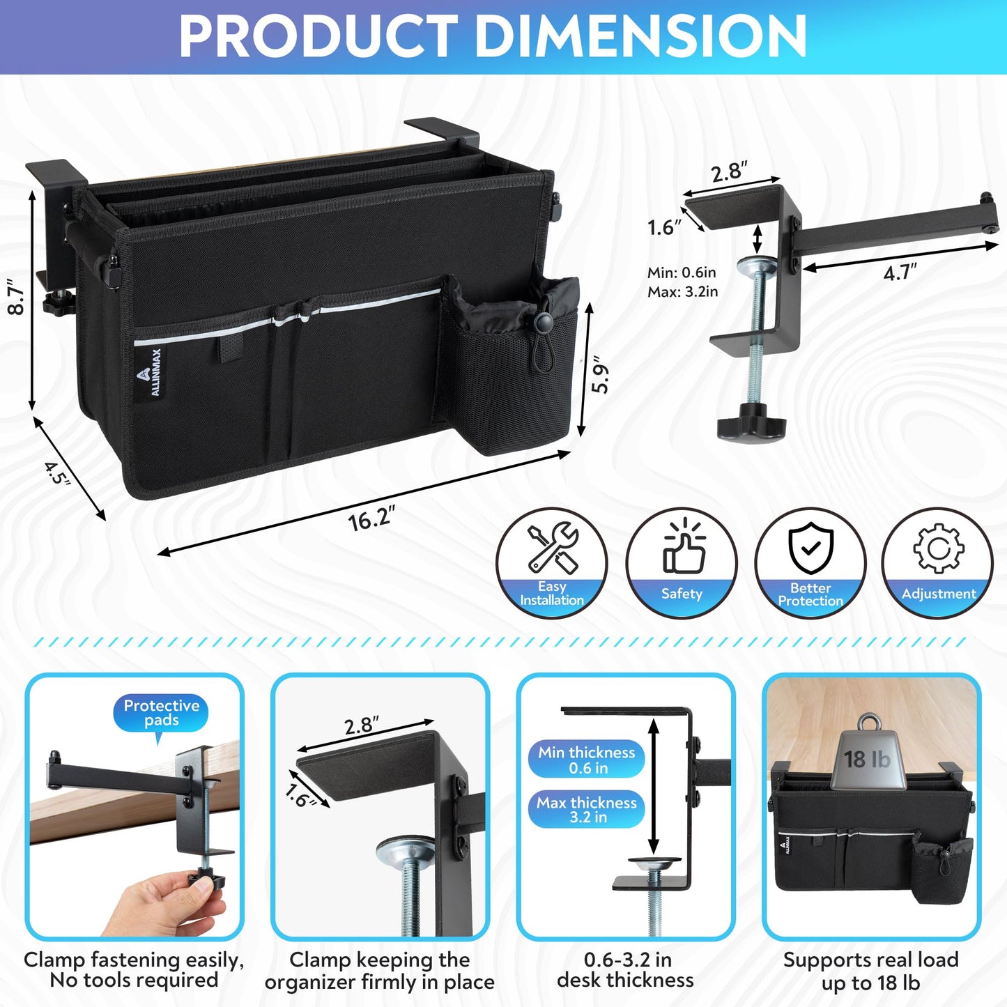 ALLINMAX Side Desk Laptop Holder for Up to 3 Laptops, Side Desk Organizer with Adjustable Divider & Bottle Pocket, Soft-Lined Interior, Clamp Mount Side Desk Storage, Fits 0.6″-3.2″ Flat Edge