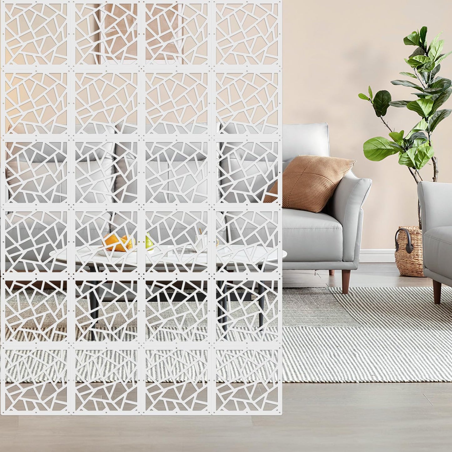 ANMINY 24 PCS Hanging Room Divider Decorative Thick Panels Floral Carving Wall Screen Hollow Out Design for Bedroom Living Dining Room Kitchen Office Restaurant Home Decor - White Geometric Patterns