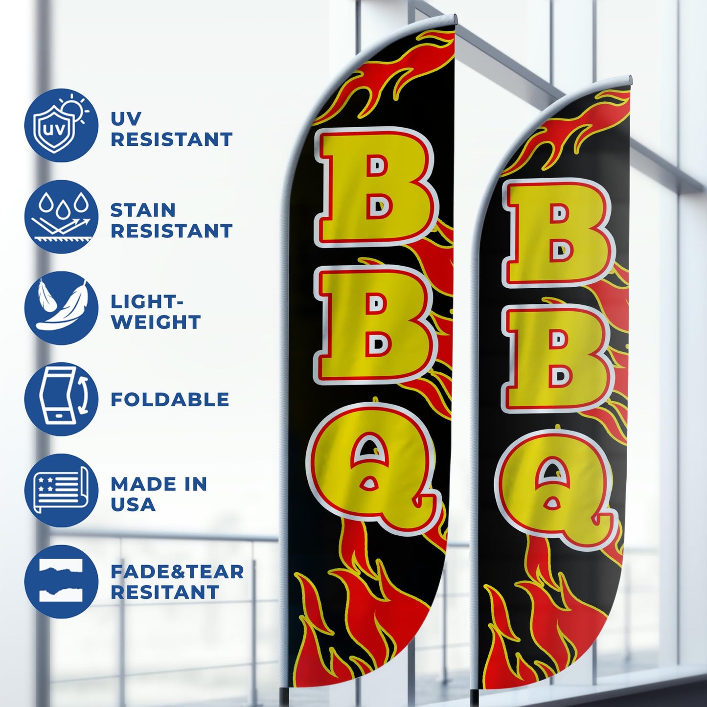 Bbq 1 Feather Flag(11.5feetX2.5feet) by DreamController | Outdoor Business Advertising Tall Flag | Weather-Resistant Knitted Swooper Flag | Made in USA | HD Print (Flag Only)