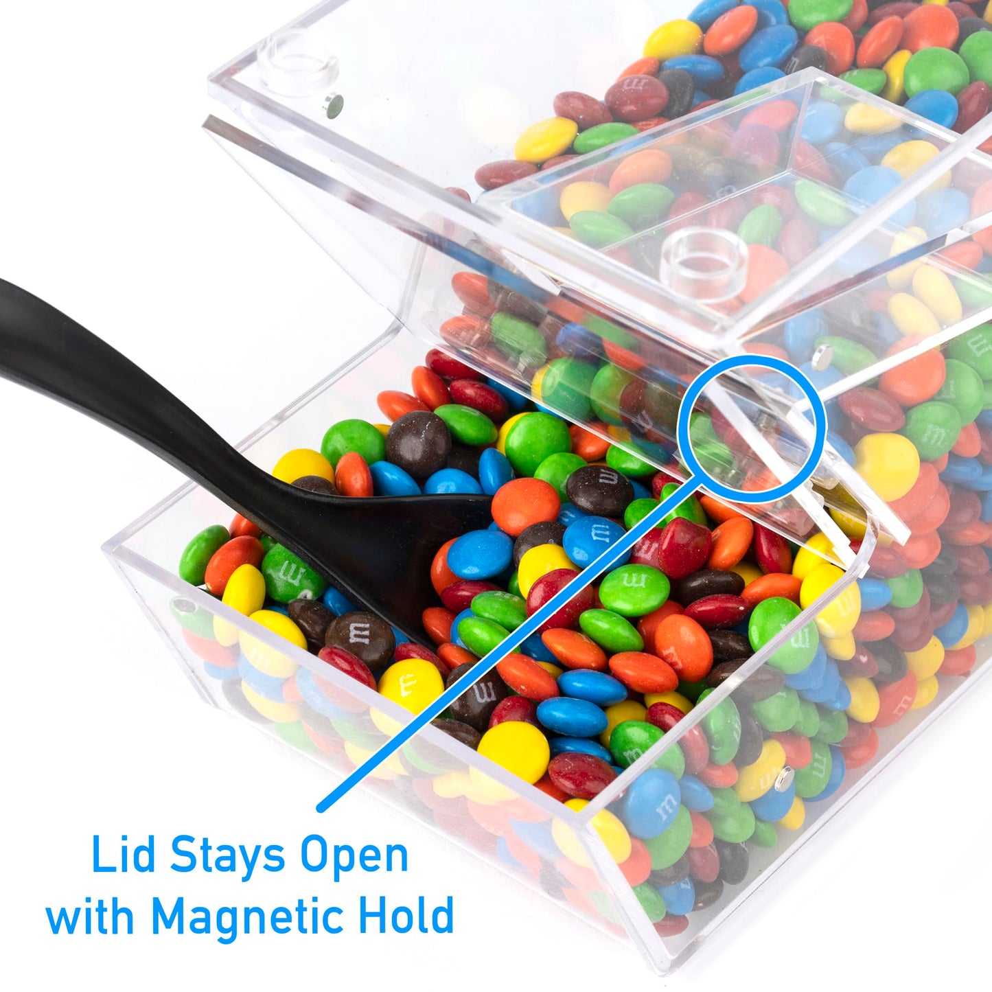 IneVibe Candy Bin Topping Dispenser - Acrylic Bulk Sprinkle Container w/Scoop, Stackable & Magnetic for Multiple Holders on Shelf - Commercial Setting for Cereal, Nuts, Candies & Snack Food Storage