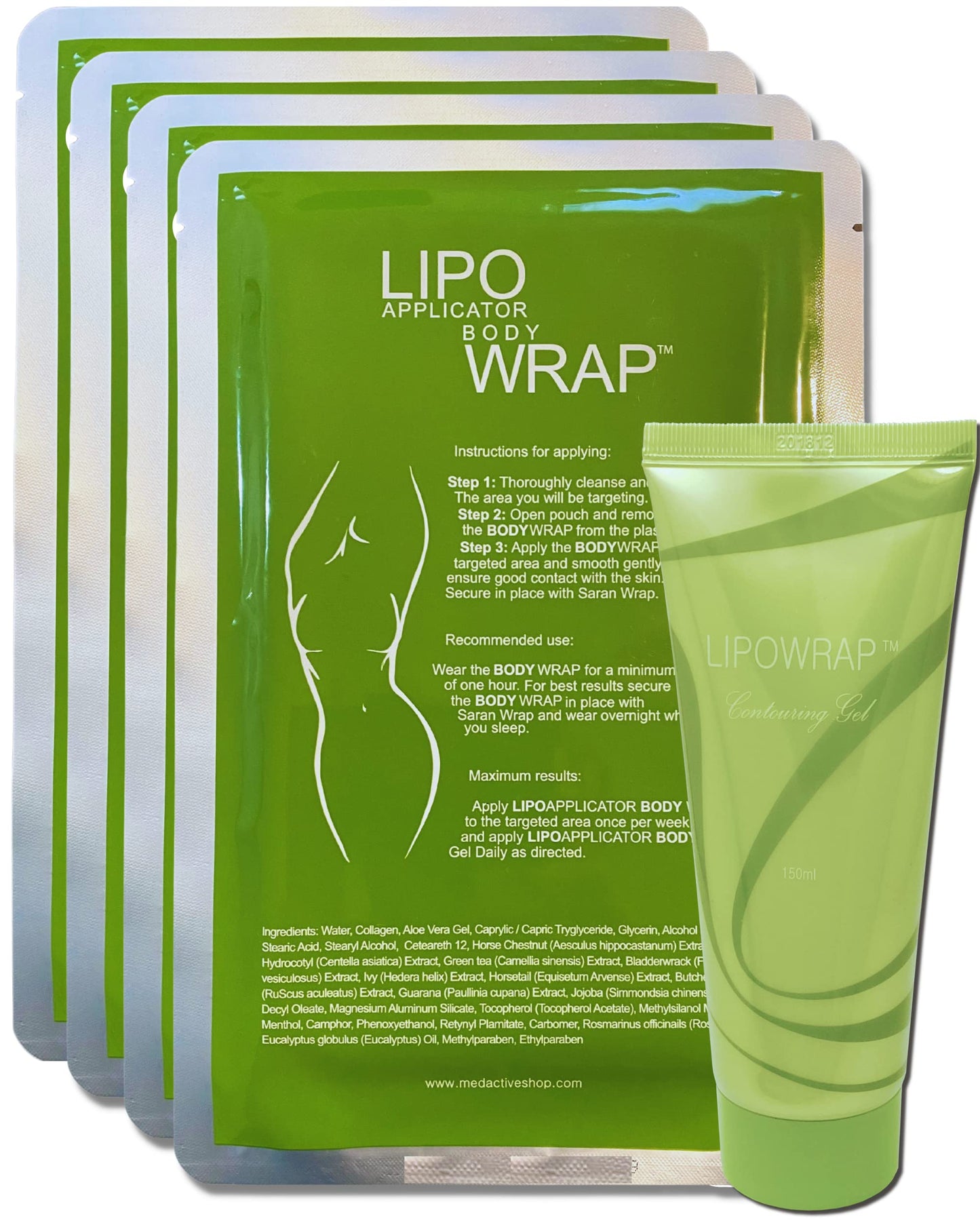 lipo applicator Tummy Body Wrap with Guarana, Green Tea, Seaweed Wraps Works for Stomach Belly Legs Arms Abdomen. (4 Wraps + Gel)
