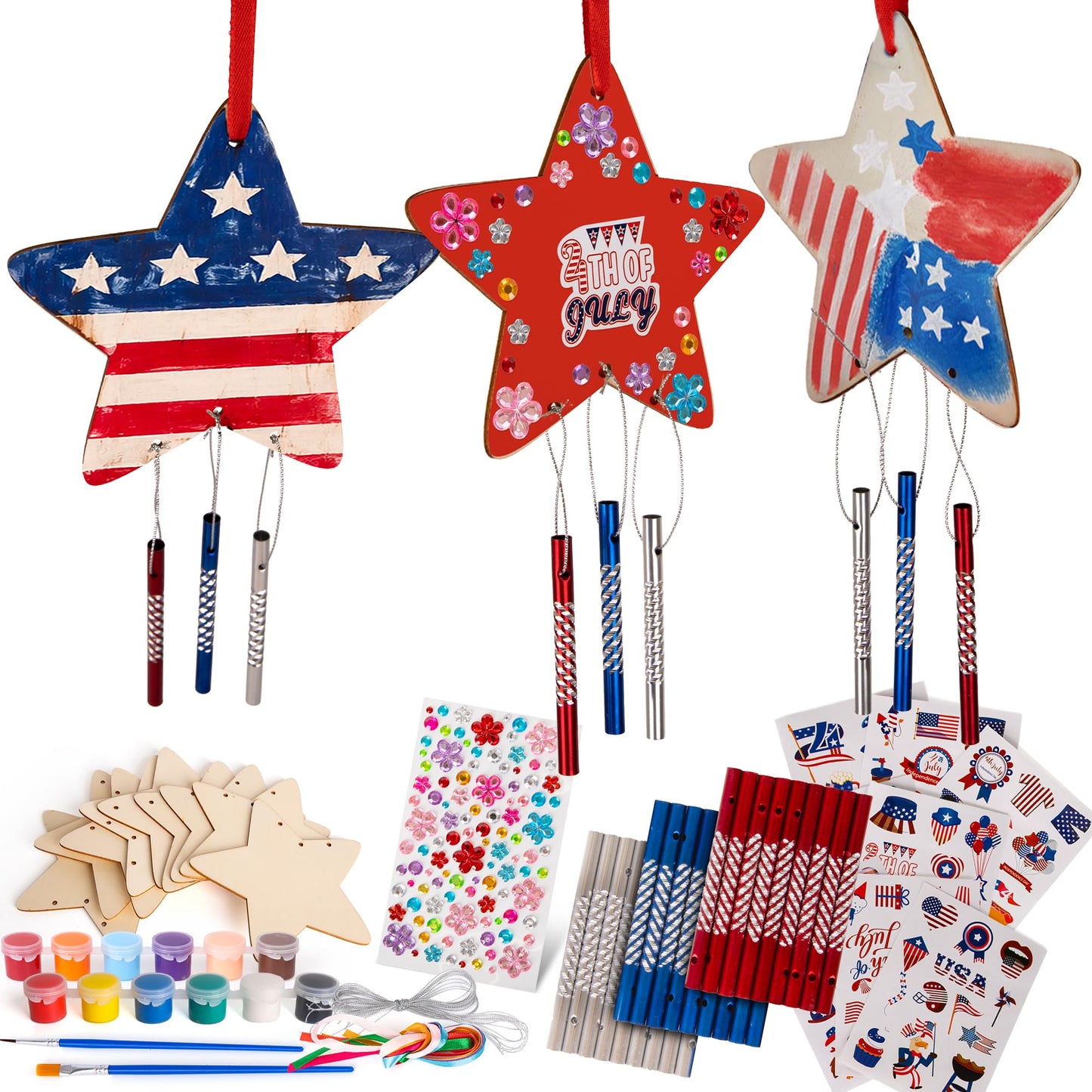 ArtCreativity Patriotic DIY Wind Chime Kit for Kids - 9 Pack - Wooden Wind Chime Set with Paint Kit, Rhinestone Flower Stickers, 105 Stickers, and More - July 4th Arts and Crafts for Kids 3 and Up