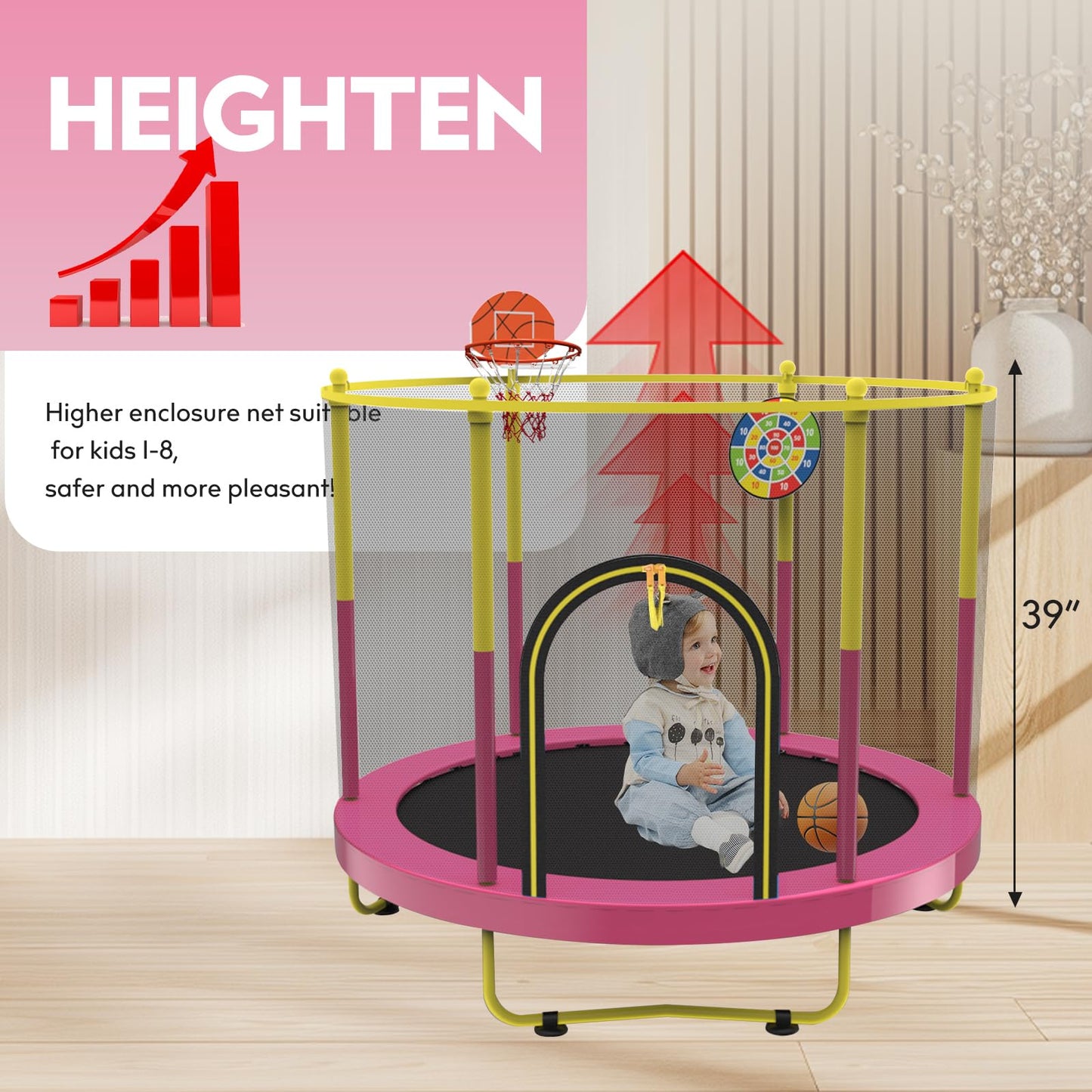 72" Trampoline for Kids with Net,6 FT Indoor & Outdoor Small Toddler Trampoline with Basketball Hoop & Dart Board for Ages 1-8, Birthday Gifts for Boys & Girls, Baby Toddler Christmas Toys Pink