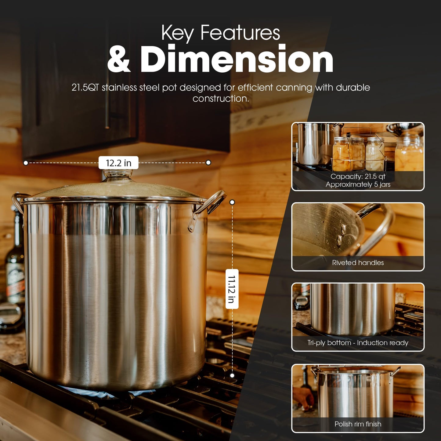 GasOne Canning Pot with Canning Supplies, Lid, Funnel, Jar Tongs, Magnetic Lid Lifter, Bottle Opener – Stainless Steel Canner with Riveted Handles, Induction Ready Tri-Ply Bottom