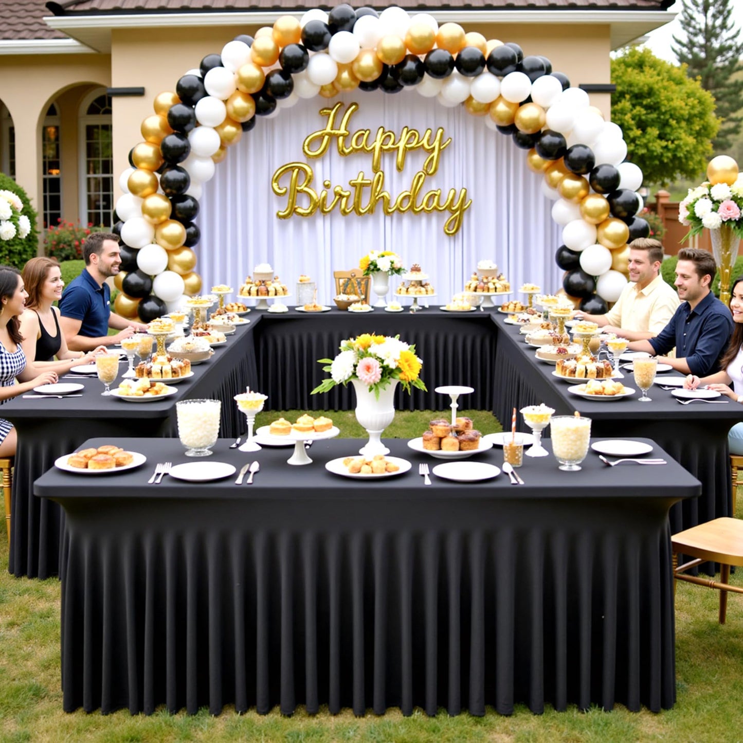 Htper 6 Pack Spandex Black Table Clothes for 6 Foot Rectangle Tables, Wrinkle Free Table Cloth Fitted Tablecover Stretchy Tablecloths with Skirt for Parties Wedding Banquet