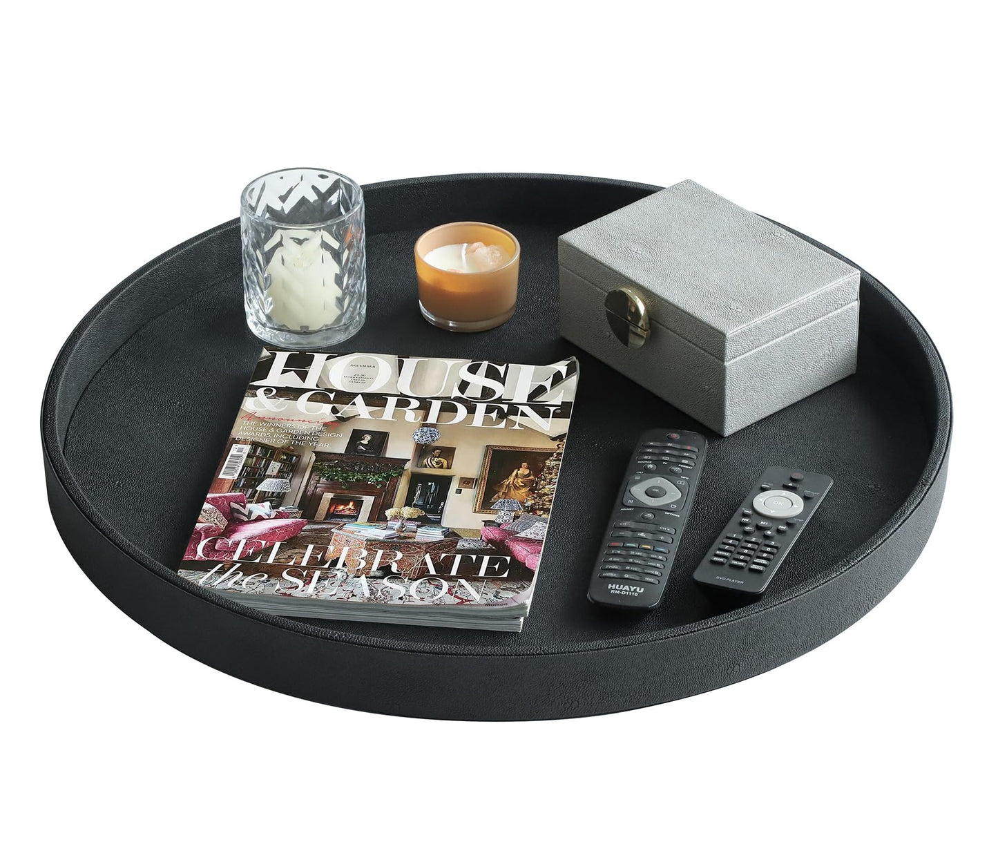 HofferRuffer Extra Large Round Serving Tray 24'', Elegant Oversized Faux Leather Circle Ottoman Table Tray, Serve Tea Coffee Breakfast in Bedroom Living Room Kitchen (Classic Black)