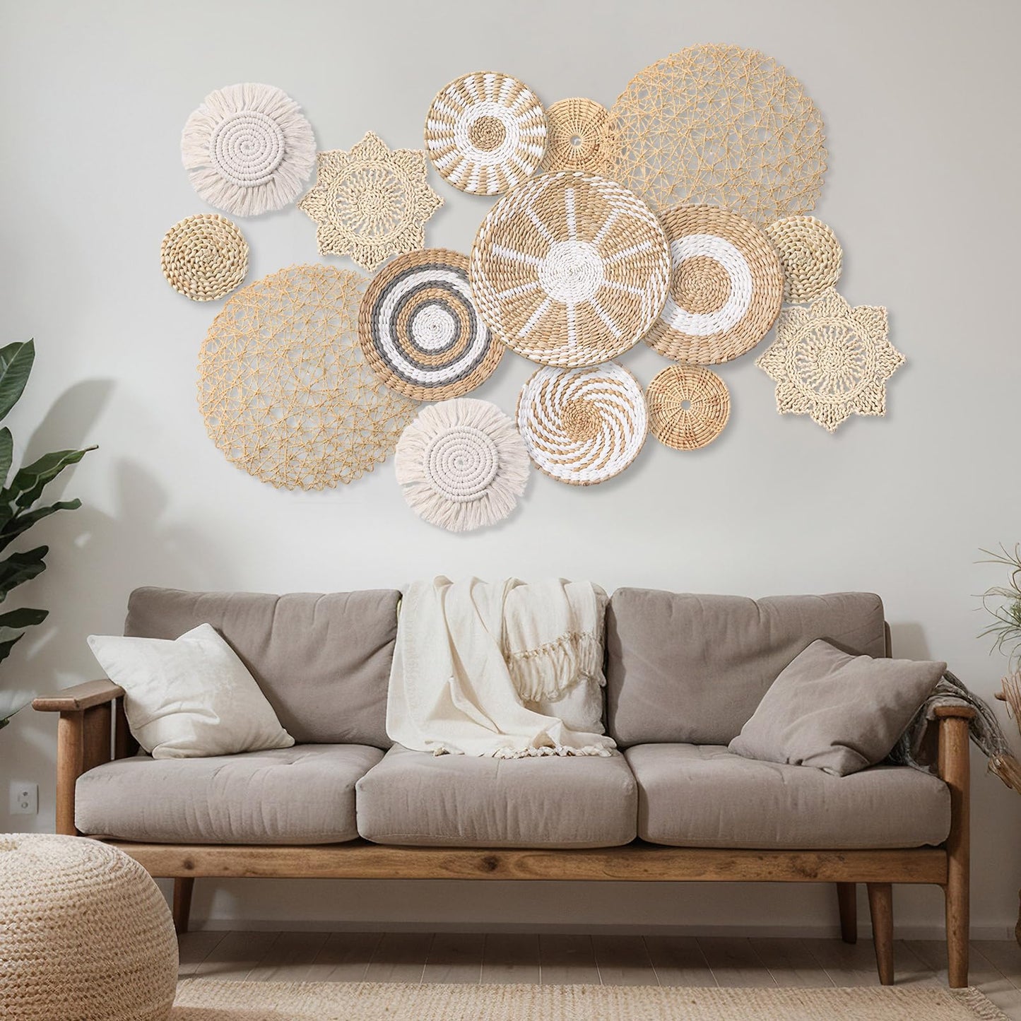 Anglechic 15 Pcs Boho Wall Basket Decor Woven Rattan Seagrass Wall Decor Hanging Rustic Farmhouse Western Art Decoration for Nursery Living Room Bedroom Home Kitchen(Grey White Style)
