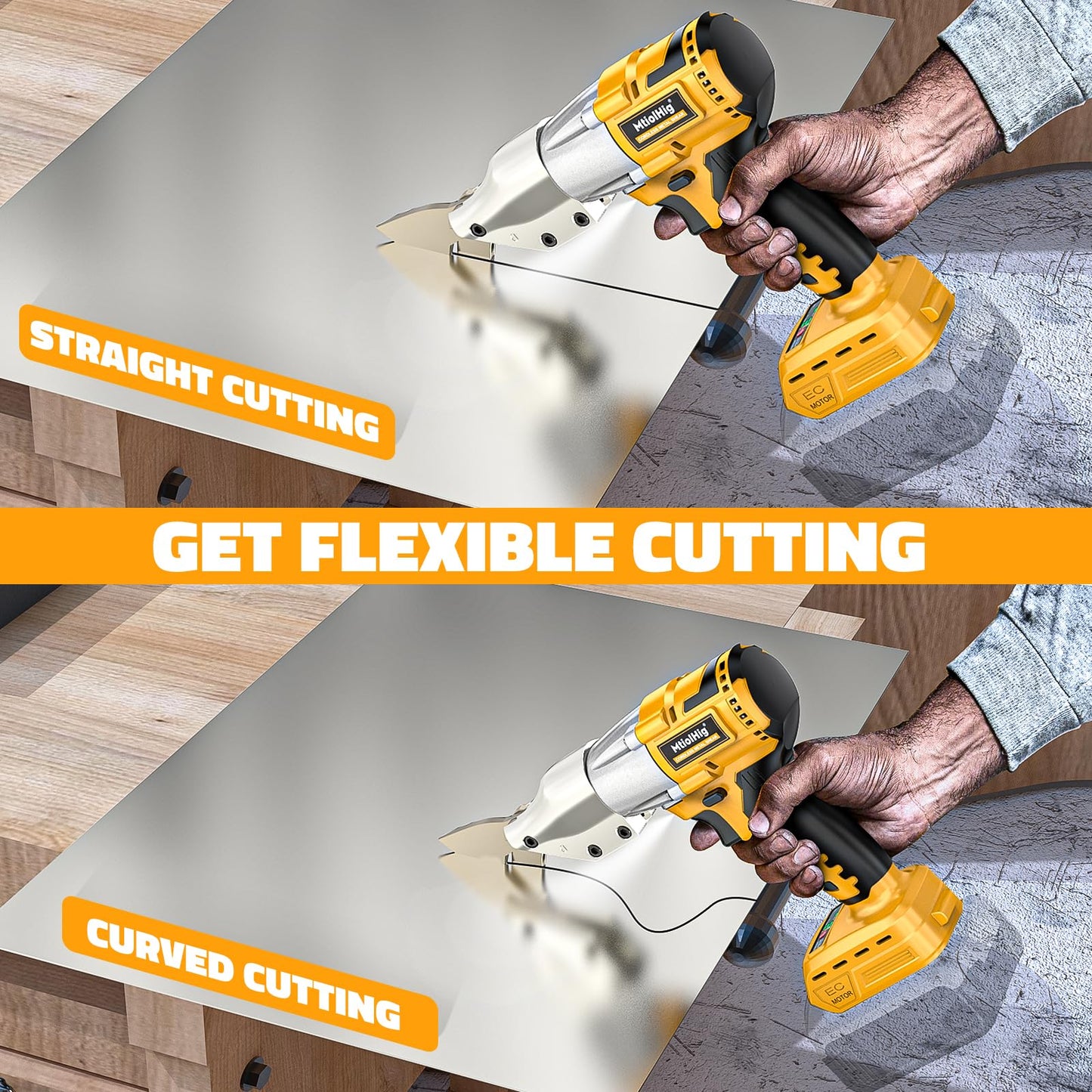 MtiolHig Cordless Sheet Metal Cutter: 221 Ft-Lbs Torque, 360 Pivoting Head, Cuts 18GA Material, Compatible with Dewalt 20V Battery