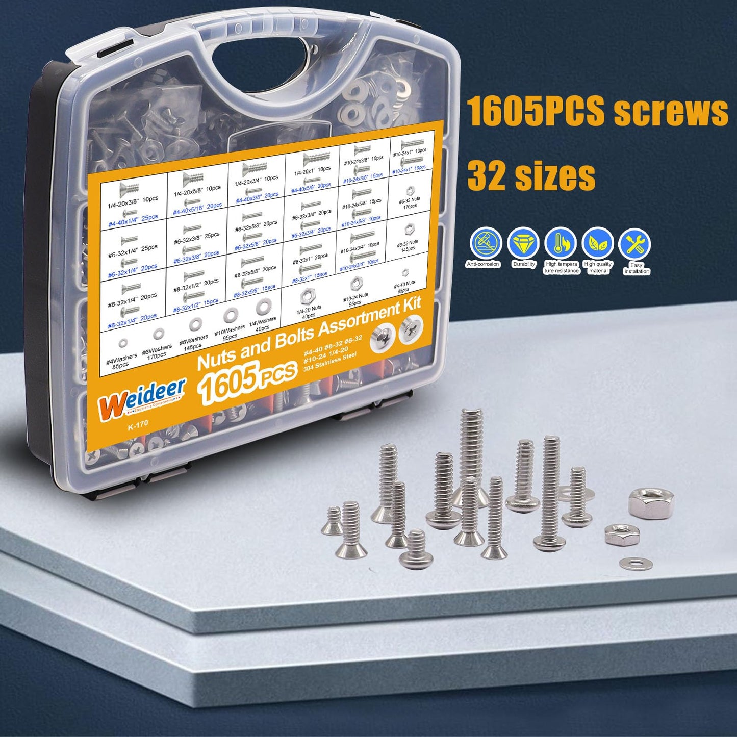 weideer 1605PCS Nuts and Bolts Assortment Kit, Stainless Steel Machine Screws,Phillips Pan Head and Flat Head Screws, Assorted with Nuts, Bolts,Washers,Portable Hand Box #4-40#6-32#8-32#10-24#1/4-20