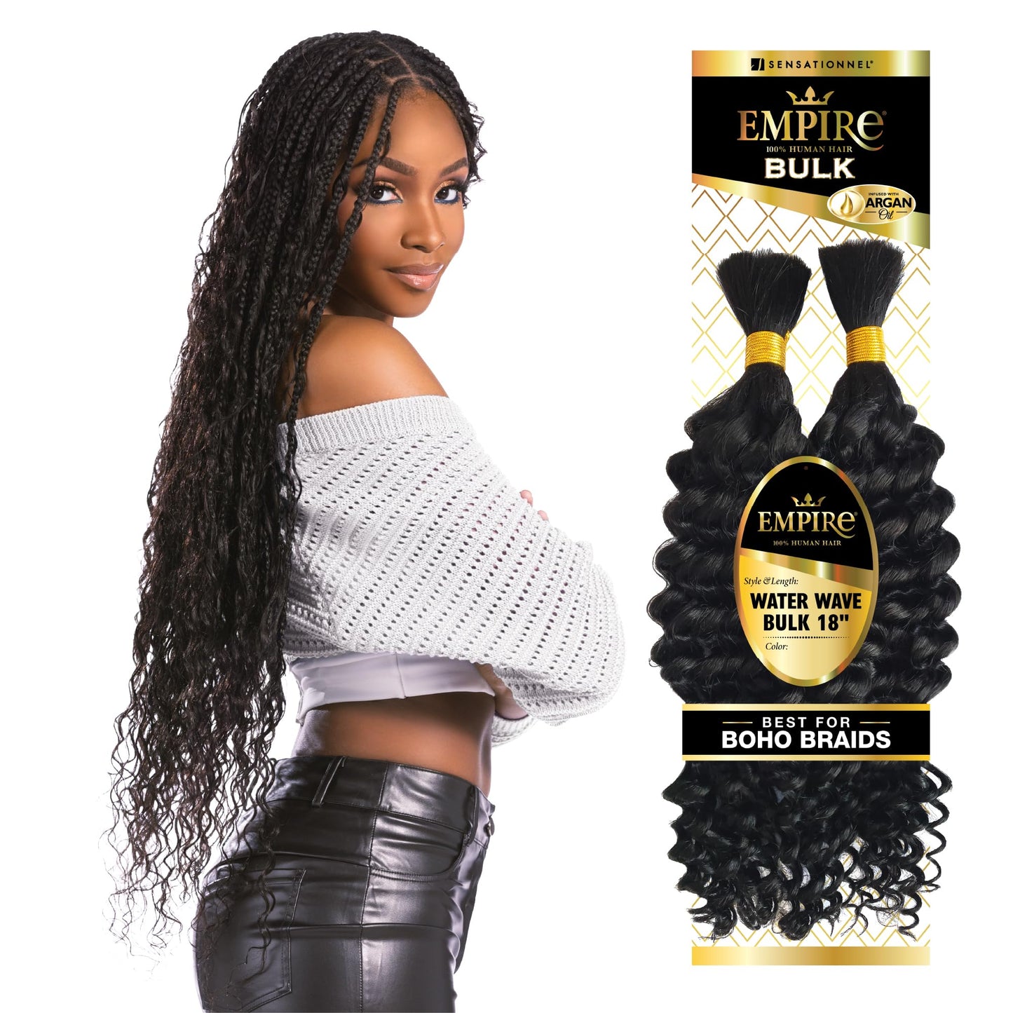 Sensationnel Empire bulk braiding – water wave 18 inch human hair braids for knotless boho box or curly loose wave styles - 1 pack (1B OFFBLACK)
