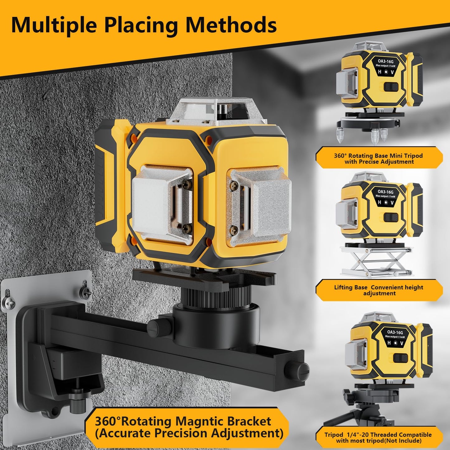 16 Line Laser Level 360 Self Leveling,Professional 4 x 360 Laser Level with Pulse Mode,4D Green Alignment Laser for Construction and Picture Hanging,with 2 Batteries,Magnetic Bracket,Hard Carry Case